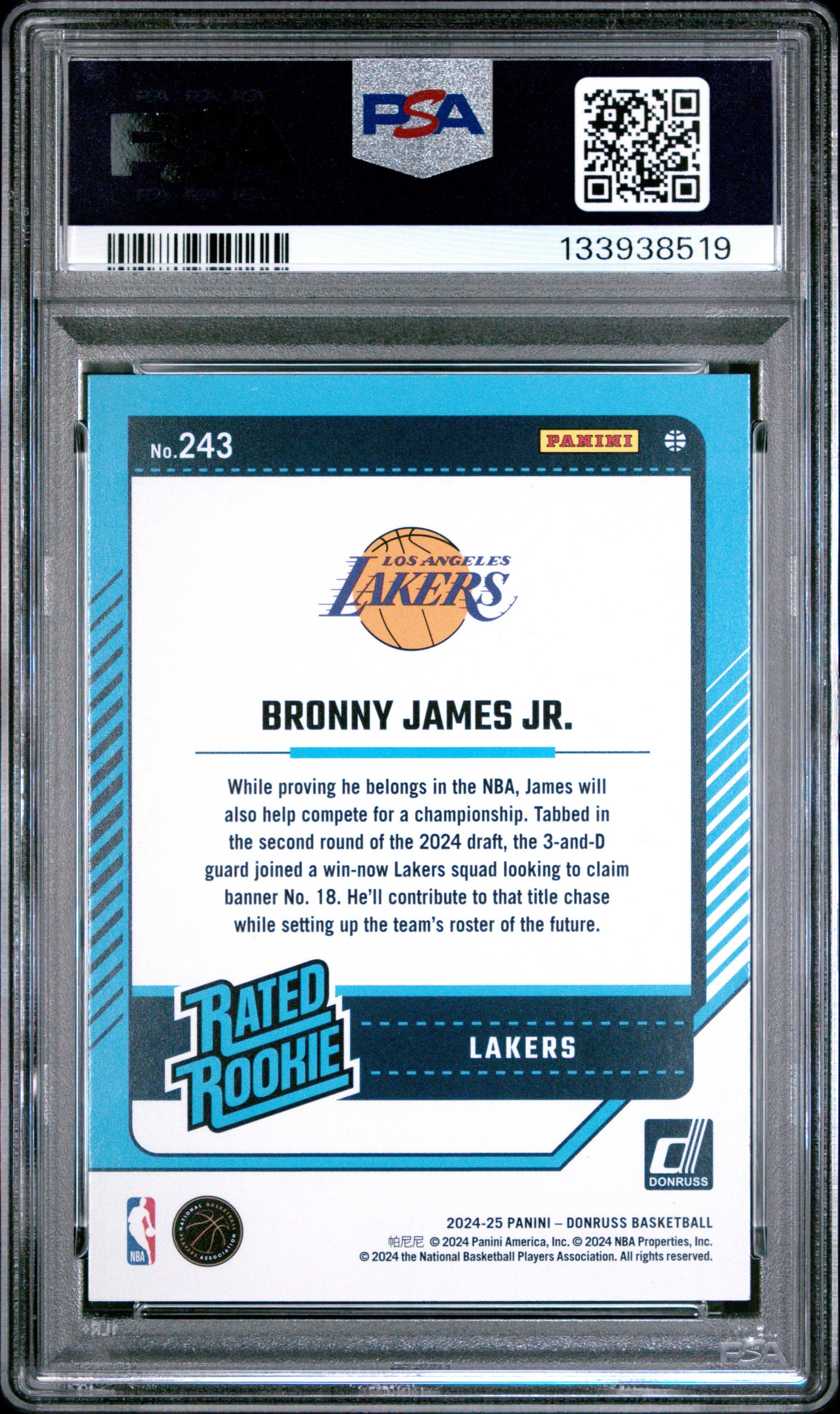 2024 Panini Donruss 243 Bronny James Jr. Holo Green Laser PSA 9