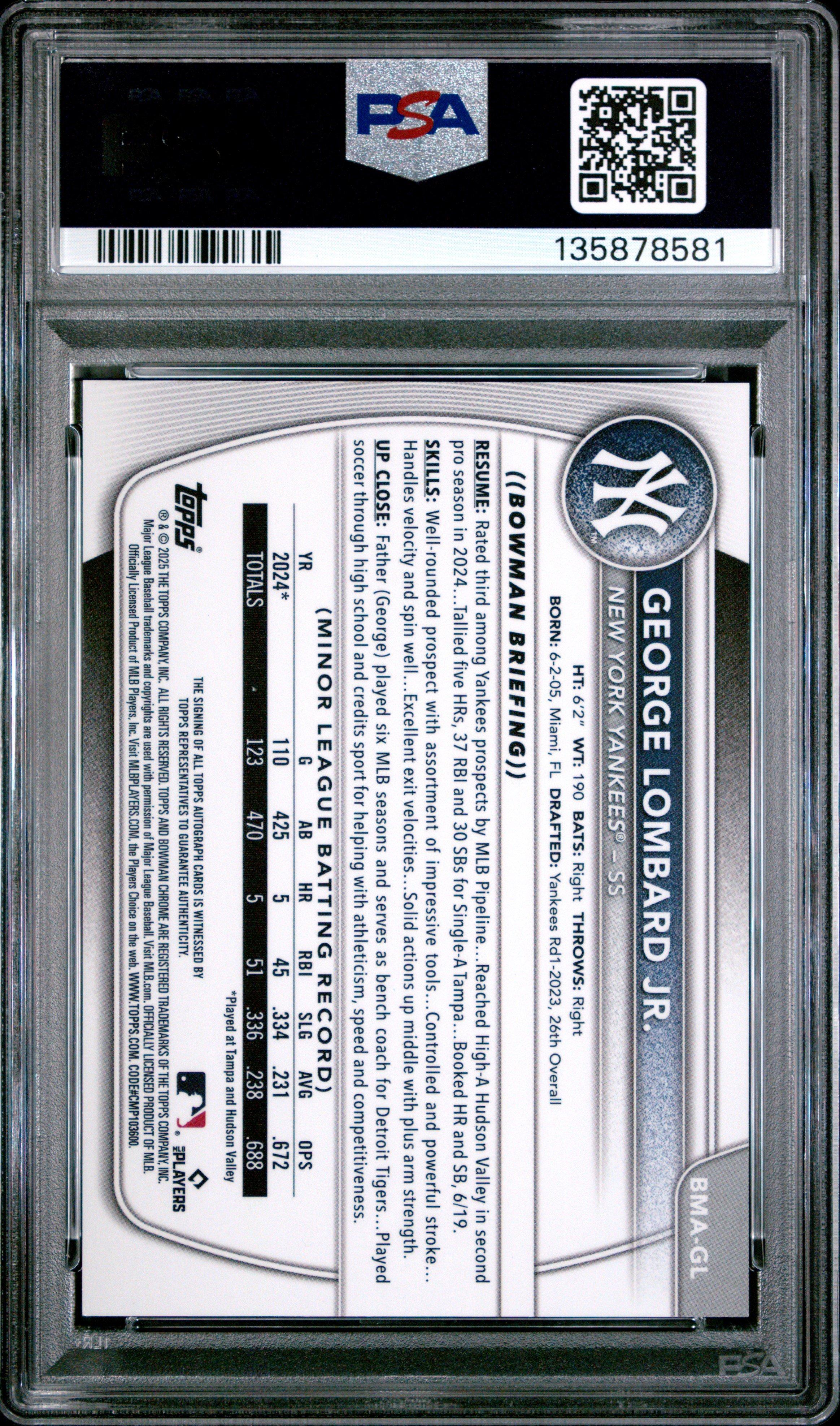 2025 Bowman Mega Box Bowman Prospect Mega Autographs Gl George Lombard Jr. PSA 10