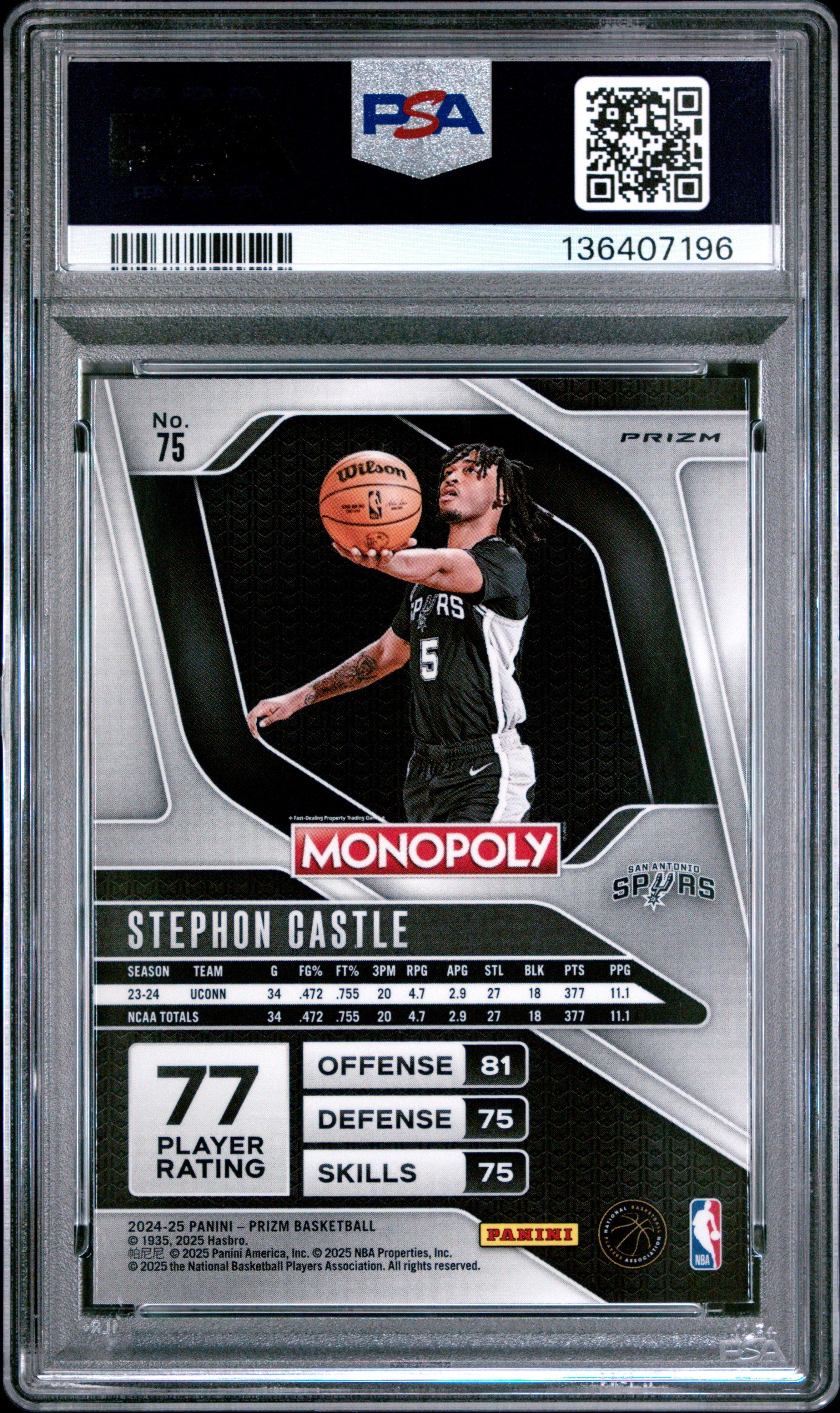 2024 Panini Prizm Monopoly 75 Stephon Castle White Cracked Ice PSA