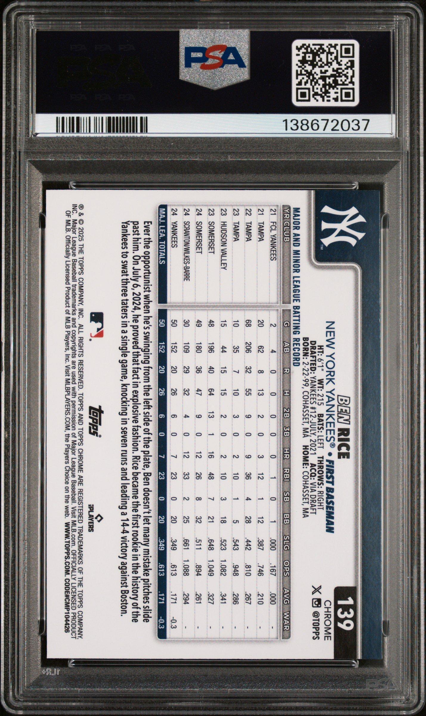 2025 Topps Chrome 139 Ben Rice X-fractor PSA 10 Graded Card | GameStop