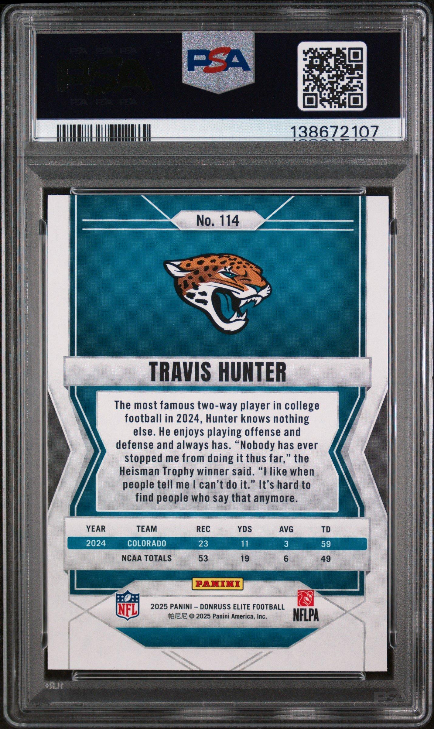 2025 Panini Donruss Elite 114 Travis Hunter Green Disco PSA 10