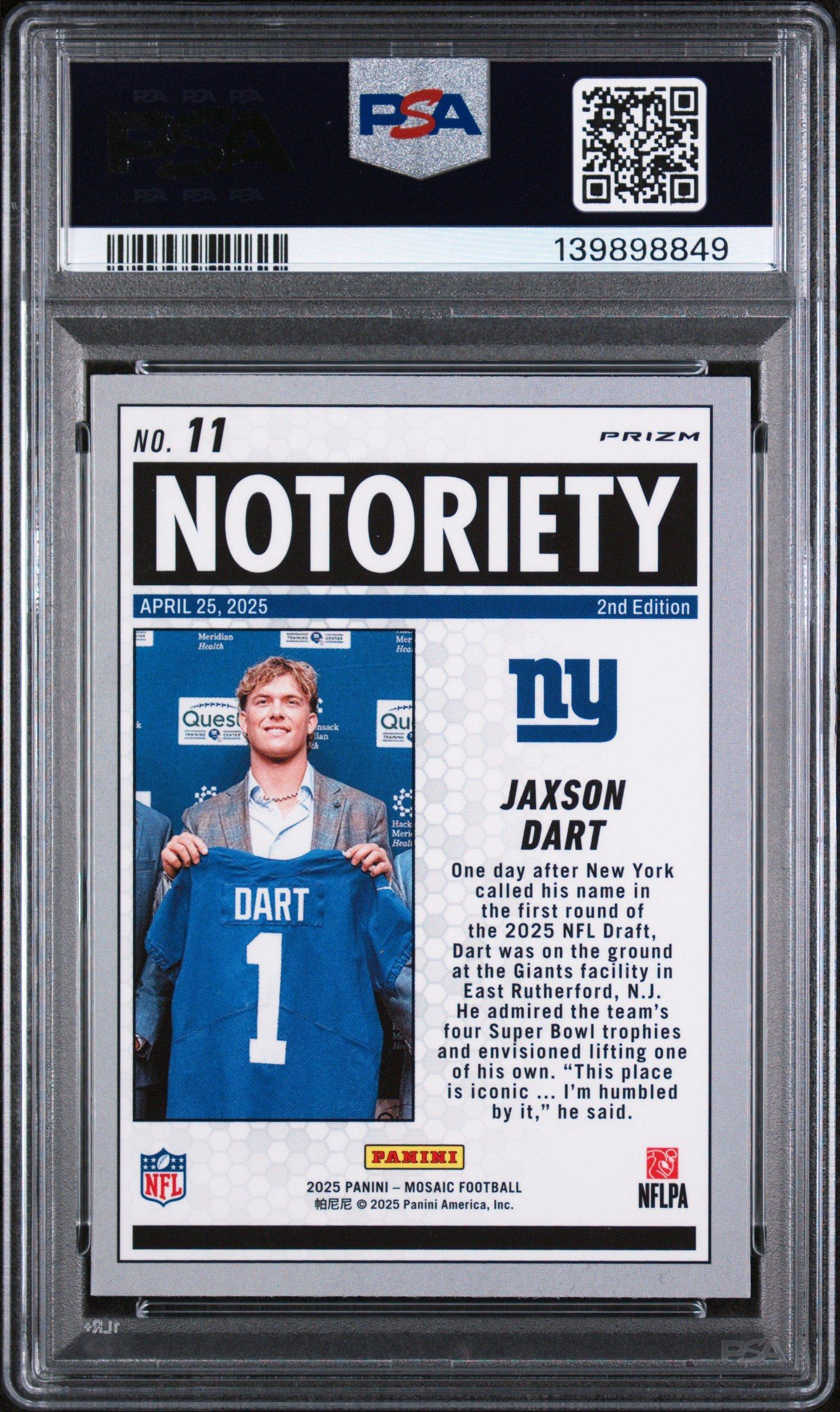2025 Panini Mosaic Notoriety 11 Jaxson Dart Green PSA 9 Graded
