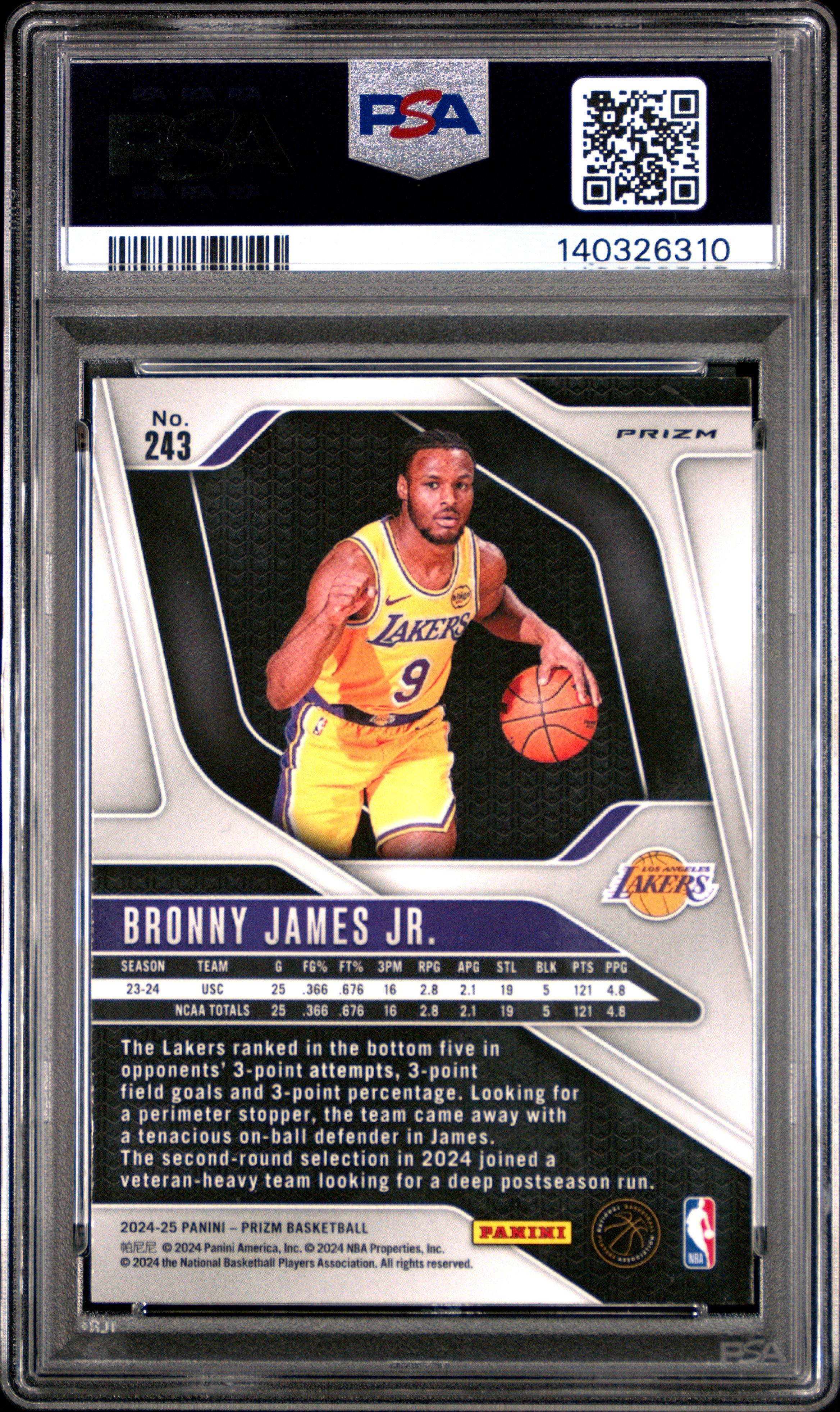2024 Panini Prizm 243 Bronny James Jr. Pink Ice PSA 10