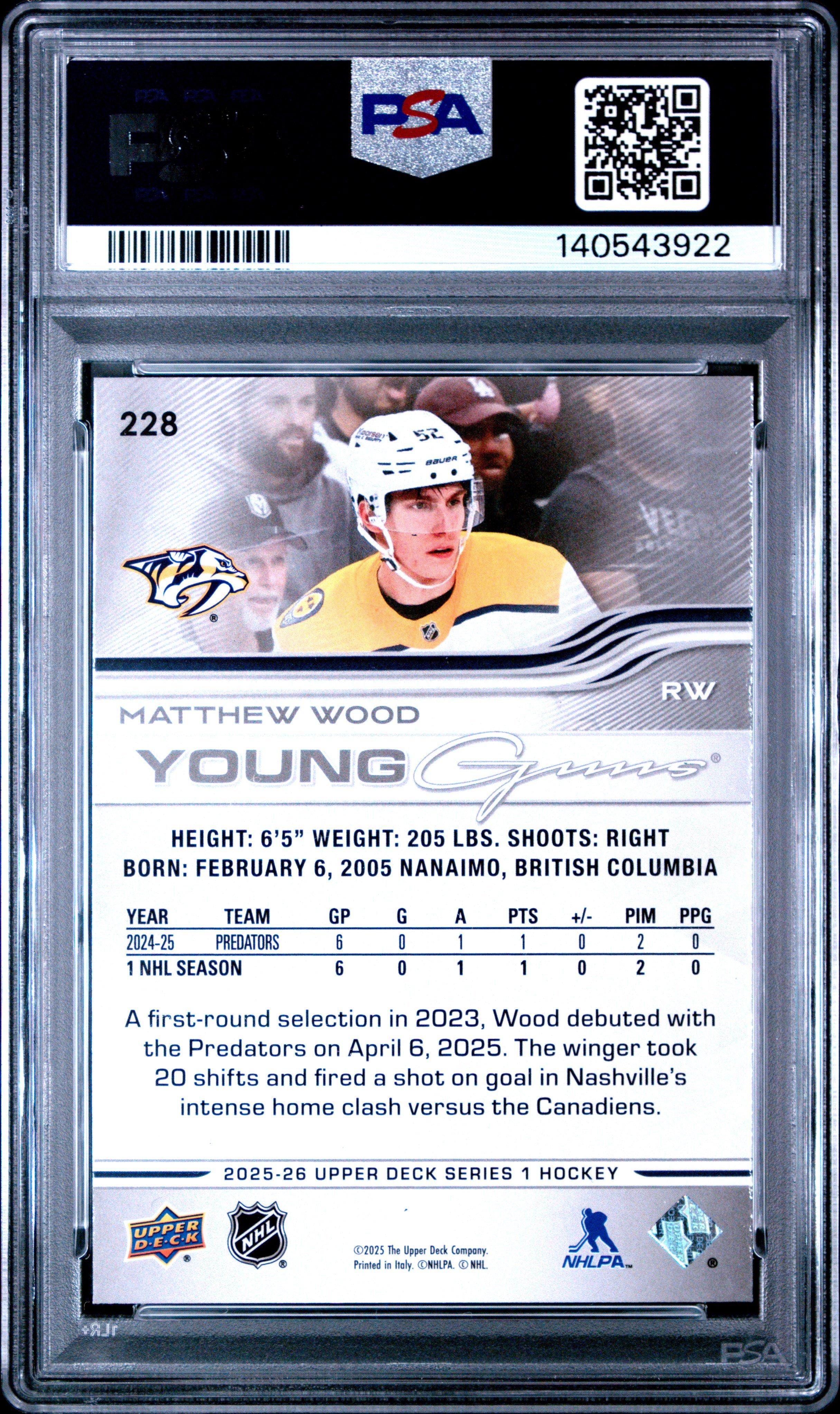 2025 Upper Deck 228 Matthew Wood PSA 10 Graded Card | GameStop