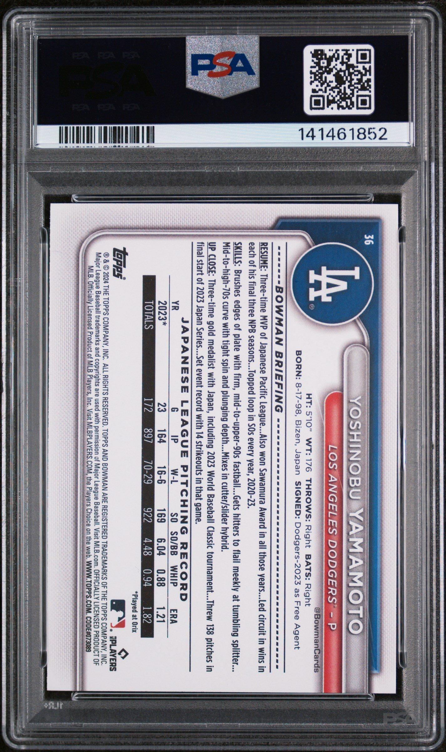 2024 Bowman 36 Yoshinobu Yamamoto PSA 10 Graded Card | GameStop
