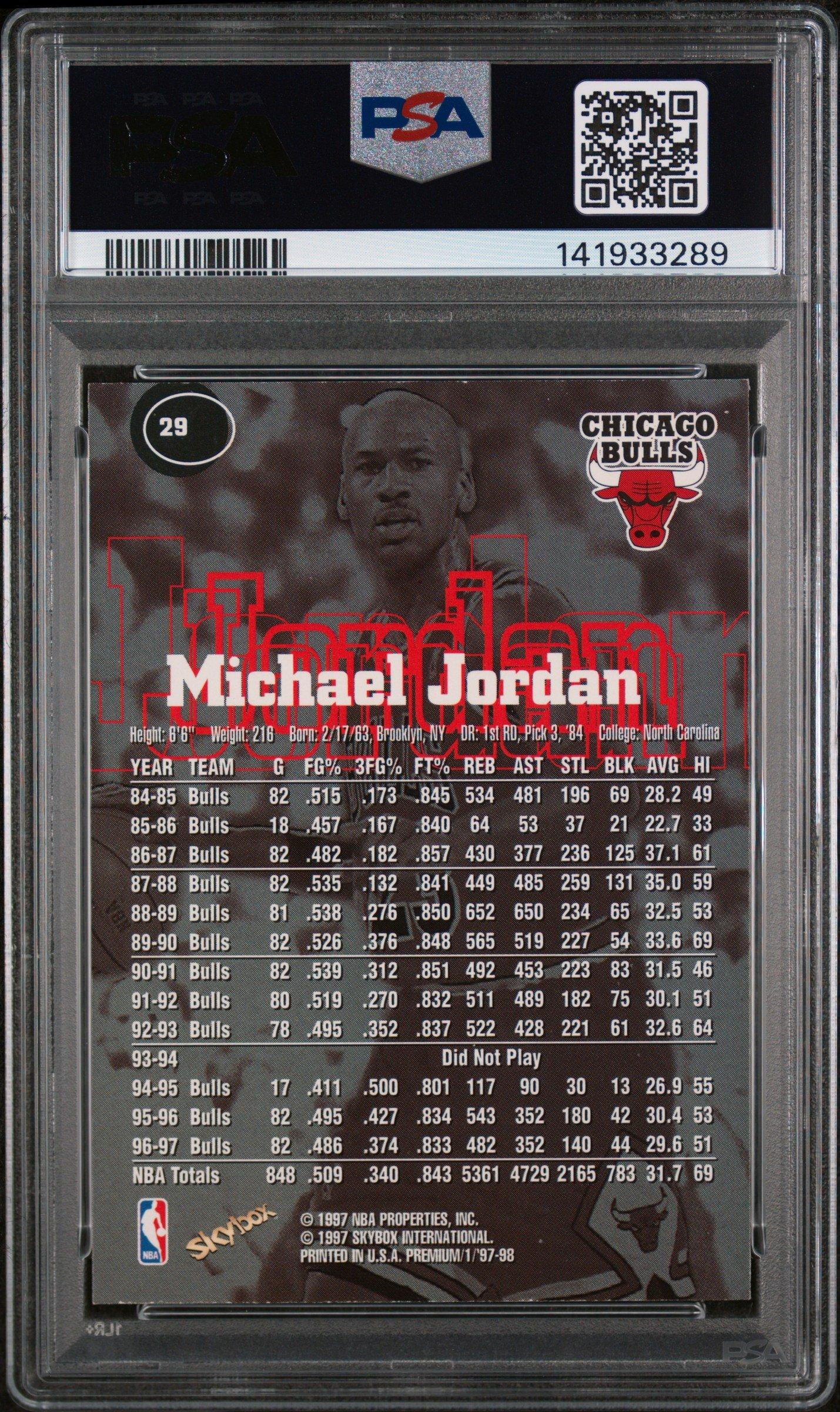 1997 Skybox Premium 29 Michael Jordan PSA 8