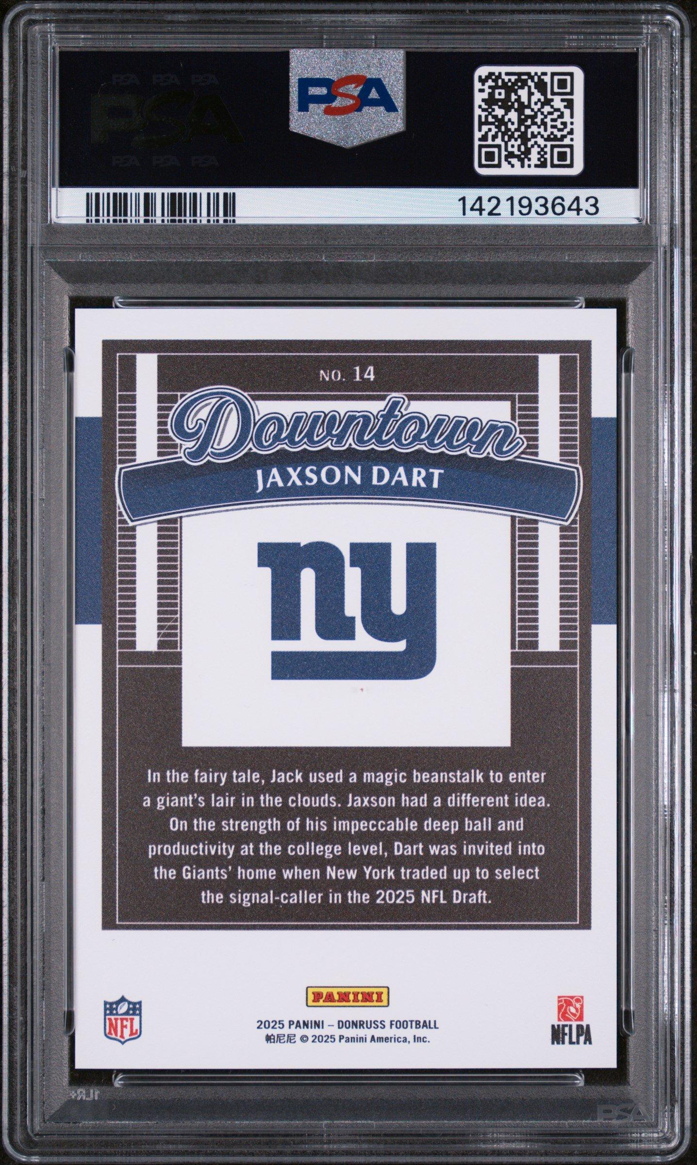 2025 Panini Donruss Downtown! 14 Jaxson Dart PSA 10 Graded Card
