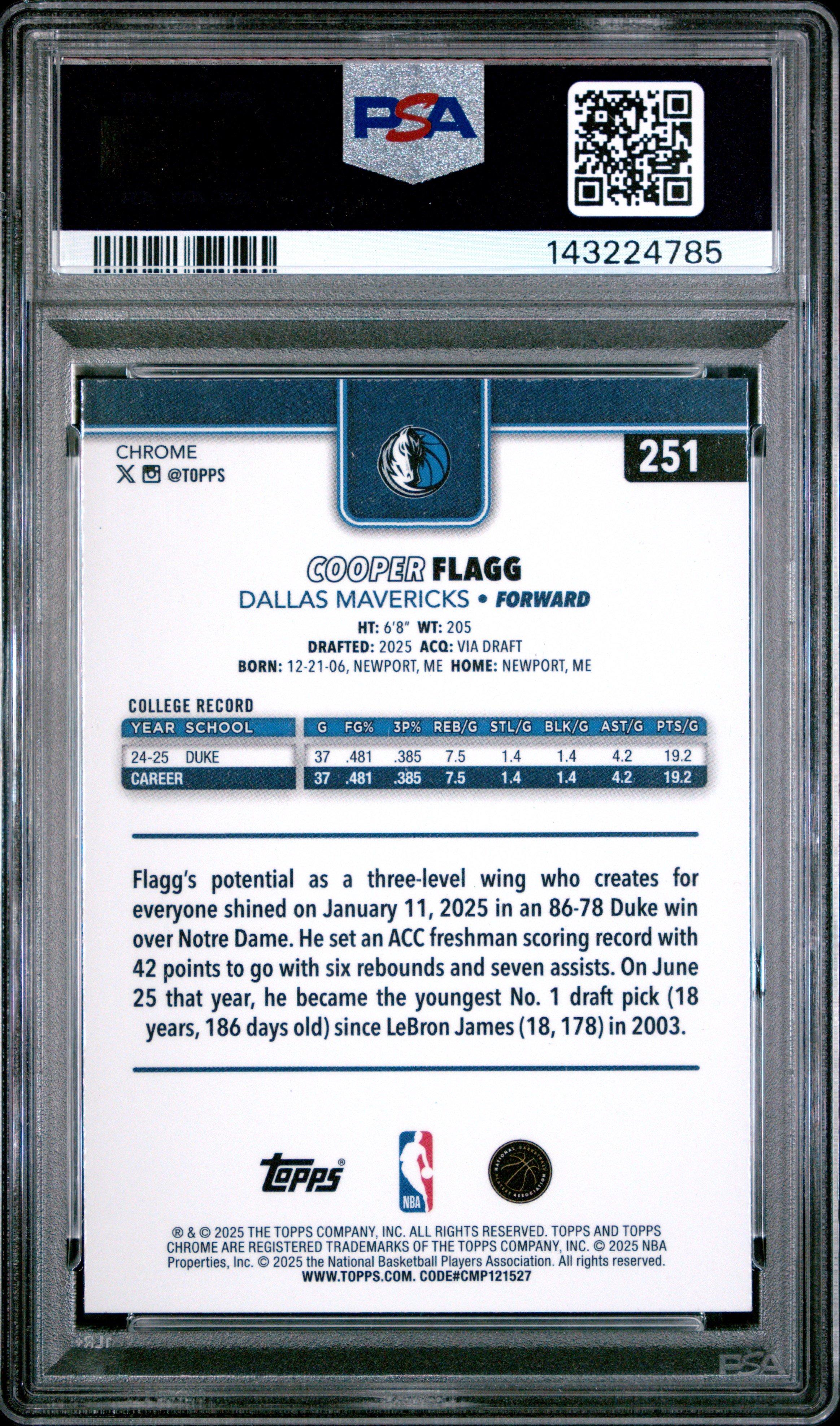 2025 Topps Chrome 251 Cooper Flagg PSA 10 Graded Card | GameStop