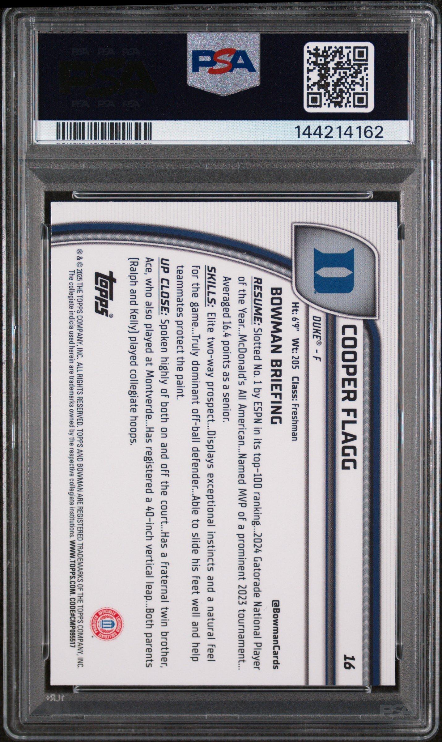 2024 Bowman Chrome University 16 Cooper Flagg Green Shimmer PSA 10