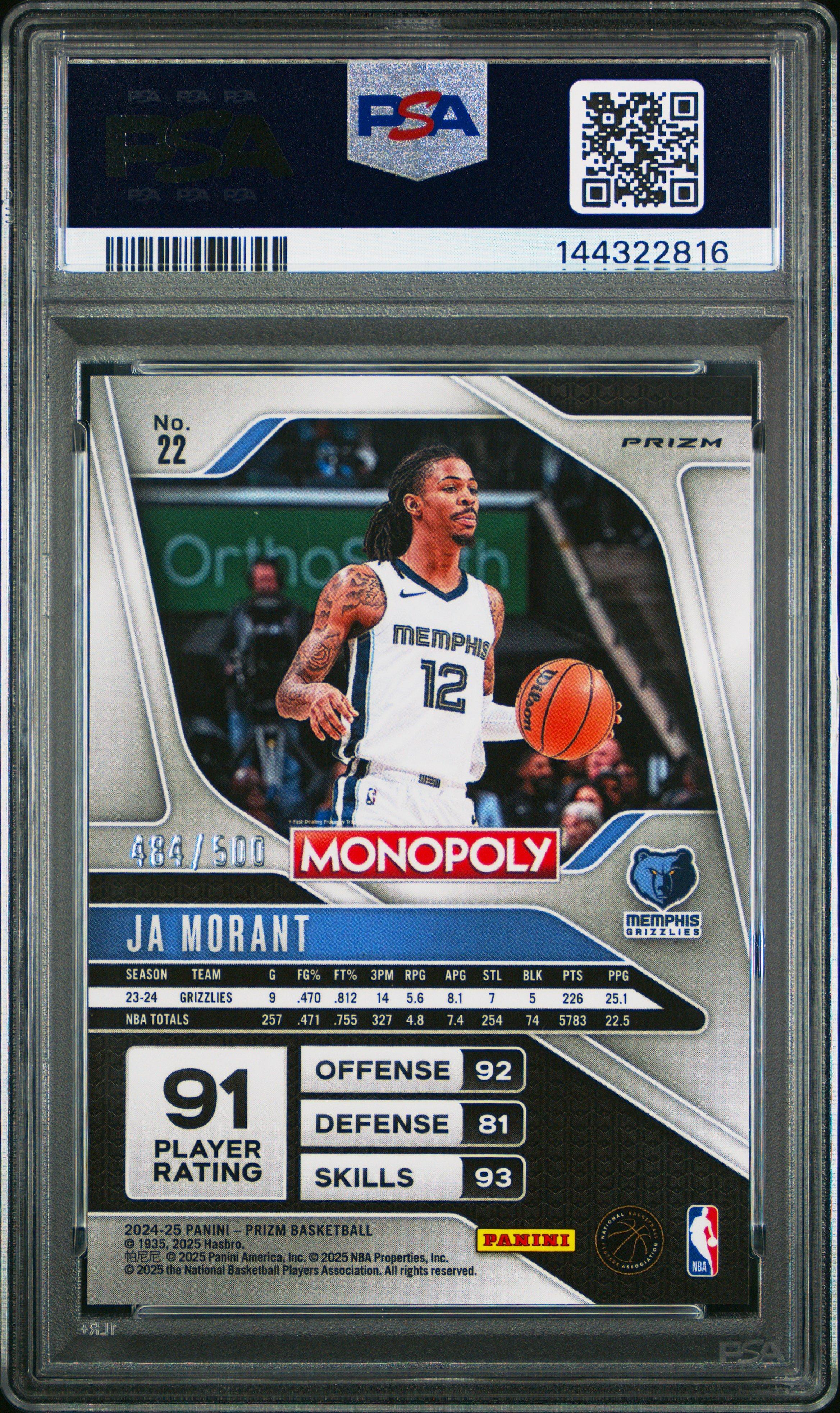 2024 Panini Prizm Monopoly 22 Ja Morant Gold Millionaire Shimmer