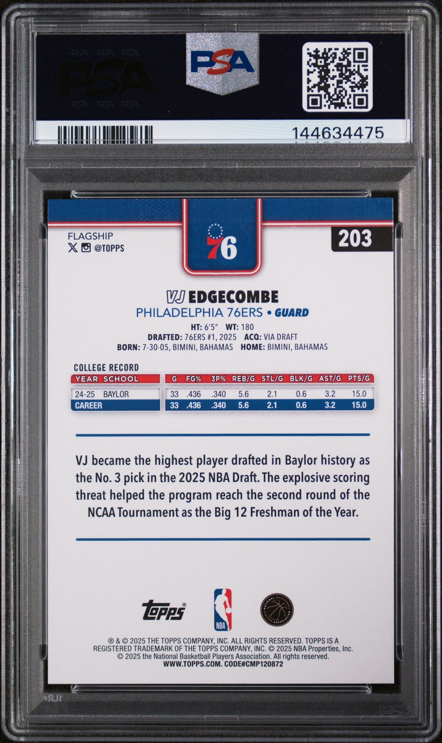 2025 Topps 203 Vj Edgecombe PSA 10