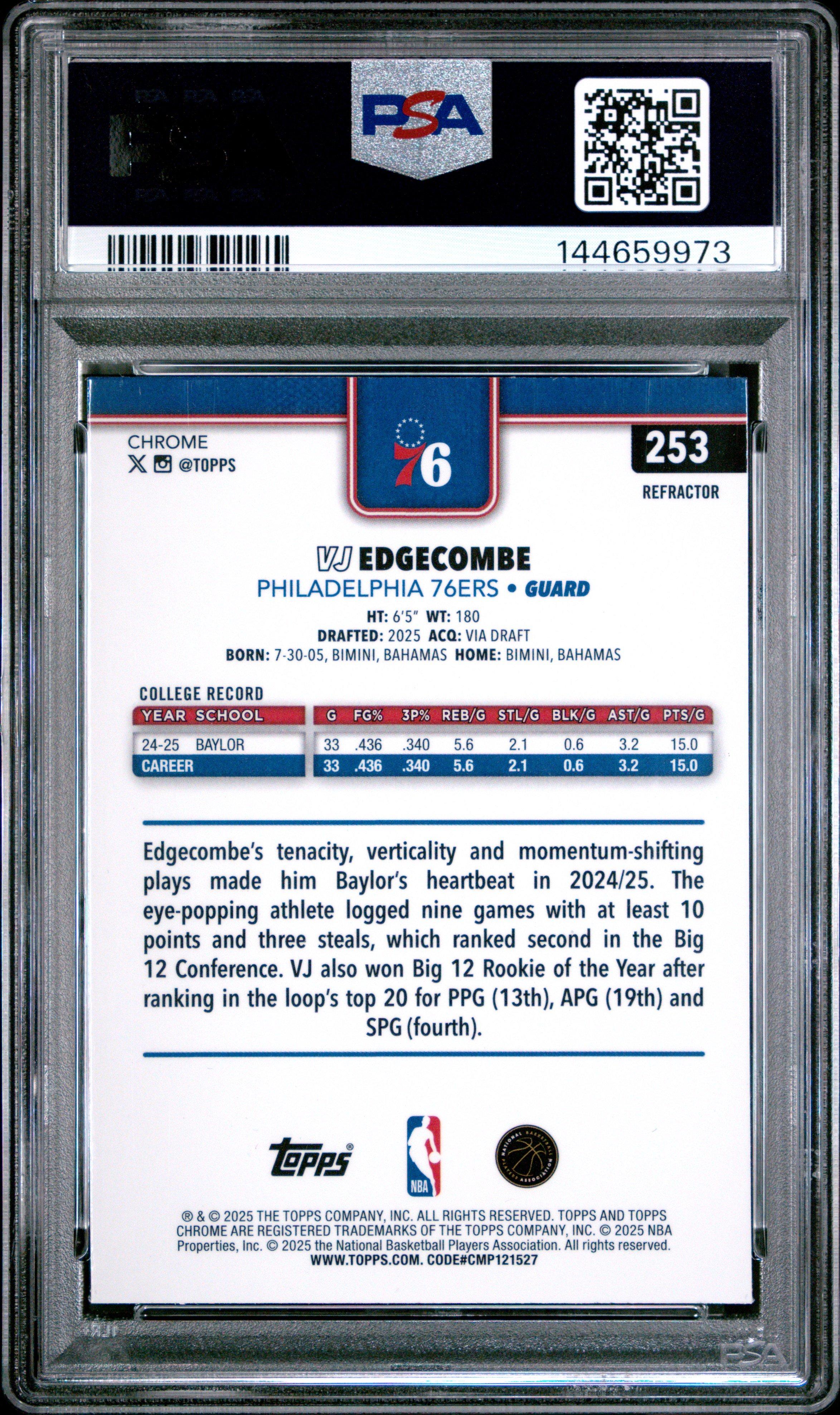 2025 Topps Chrome 253 Vj Edgecombe Refractor PSA 10