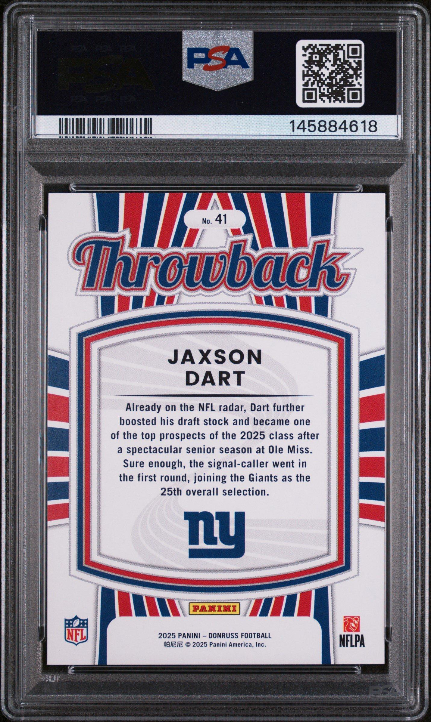 2025 Panini Donruss Rated Rookies Throwback 41 Jaxson Dart PSA 10