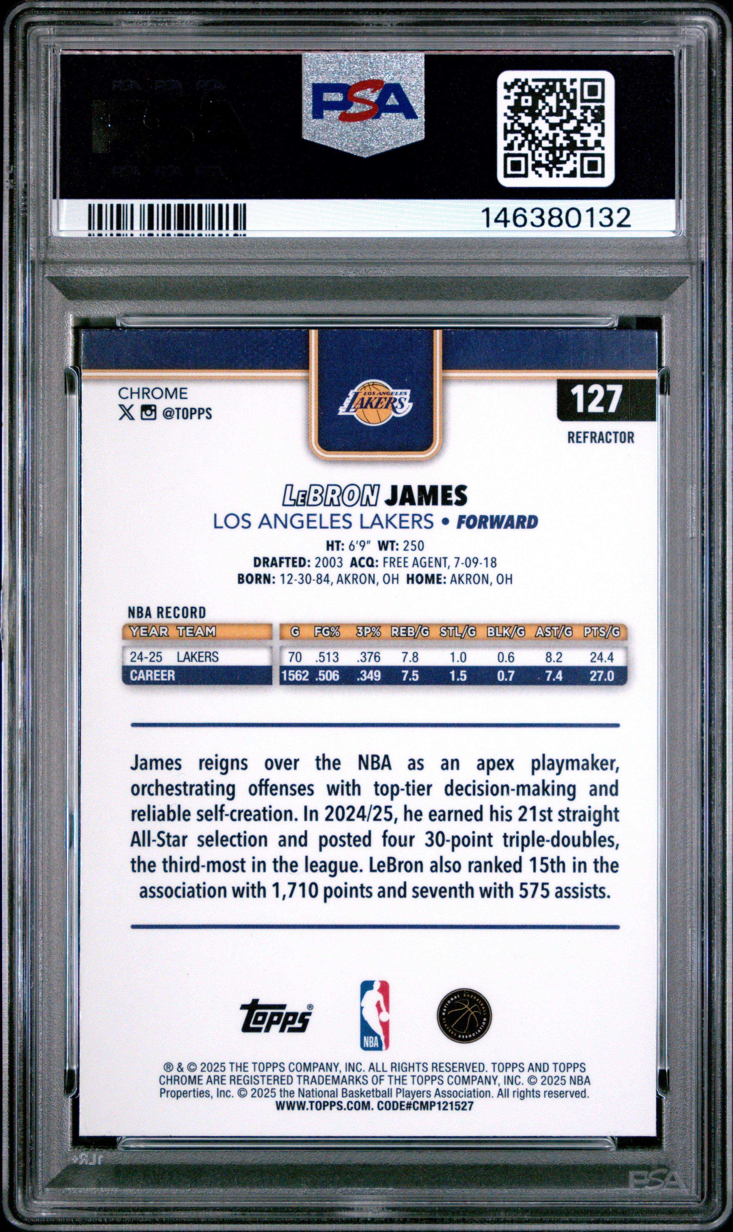 2025 Topps Chrome 127 Lebron James Refractor PSA 10 Graded Card