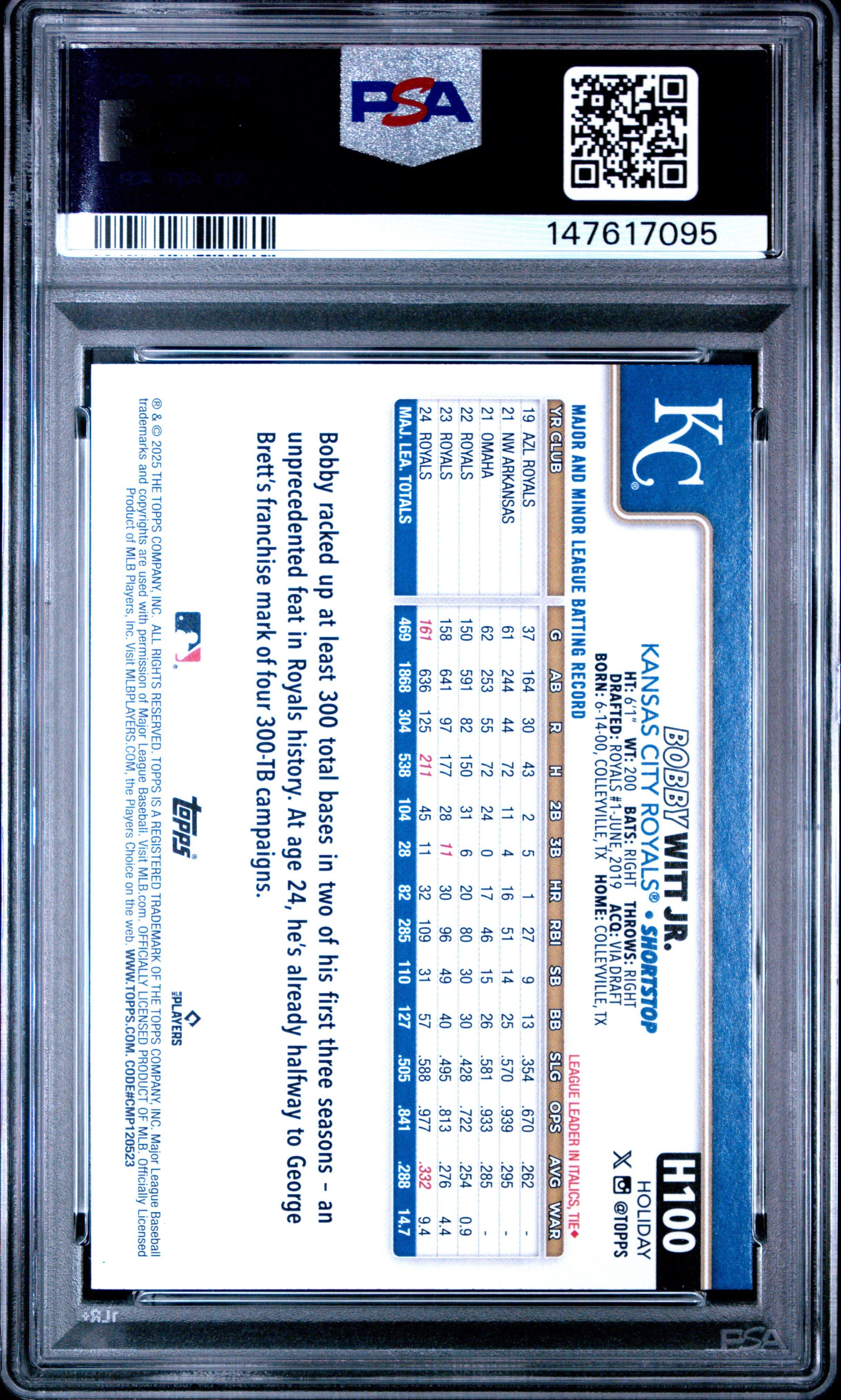2025 Topps Holiday H100 Bobby Witt Jr. Sp PSA 10 Graded Card