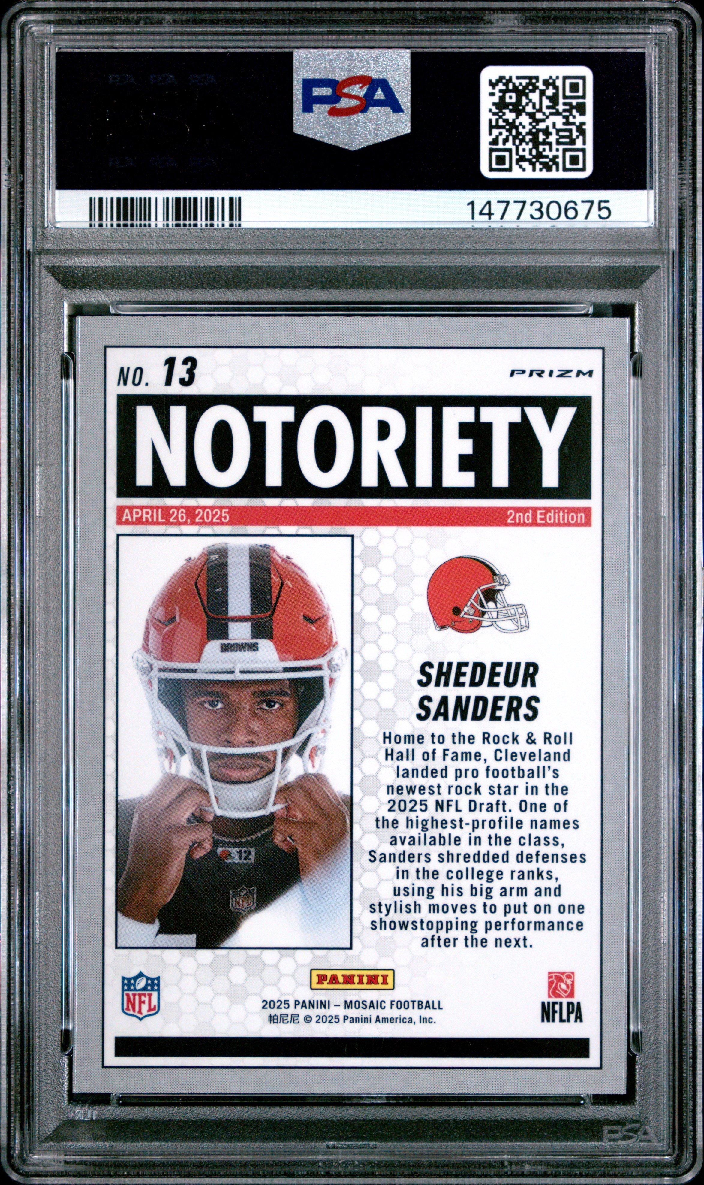 2025 Panini Mosaic Notoriety 13 Shedeur Sanders Green PSA 10