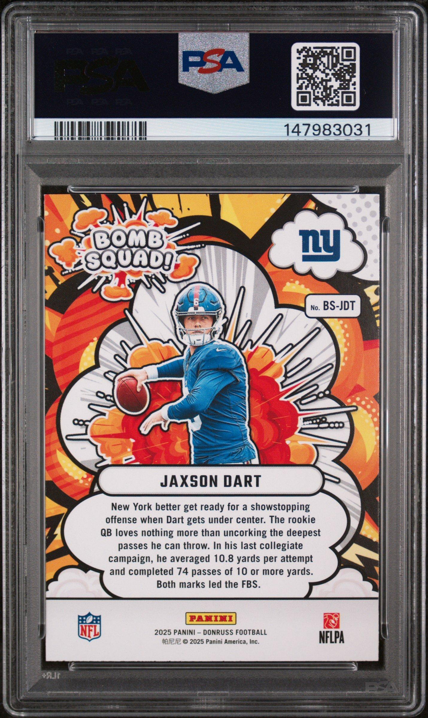 2025 Panini Donruss Bomb Squad Bs-jdt Jaxson Dart PSA 9