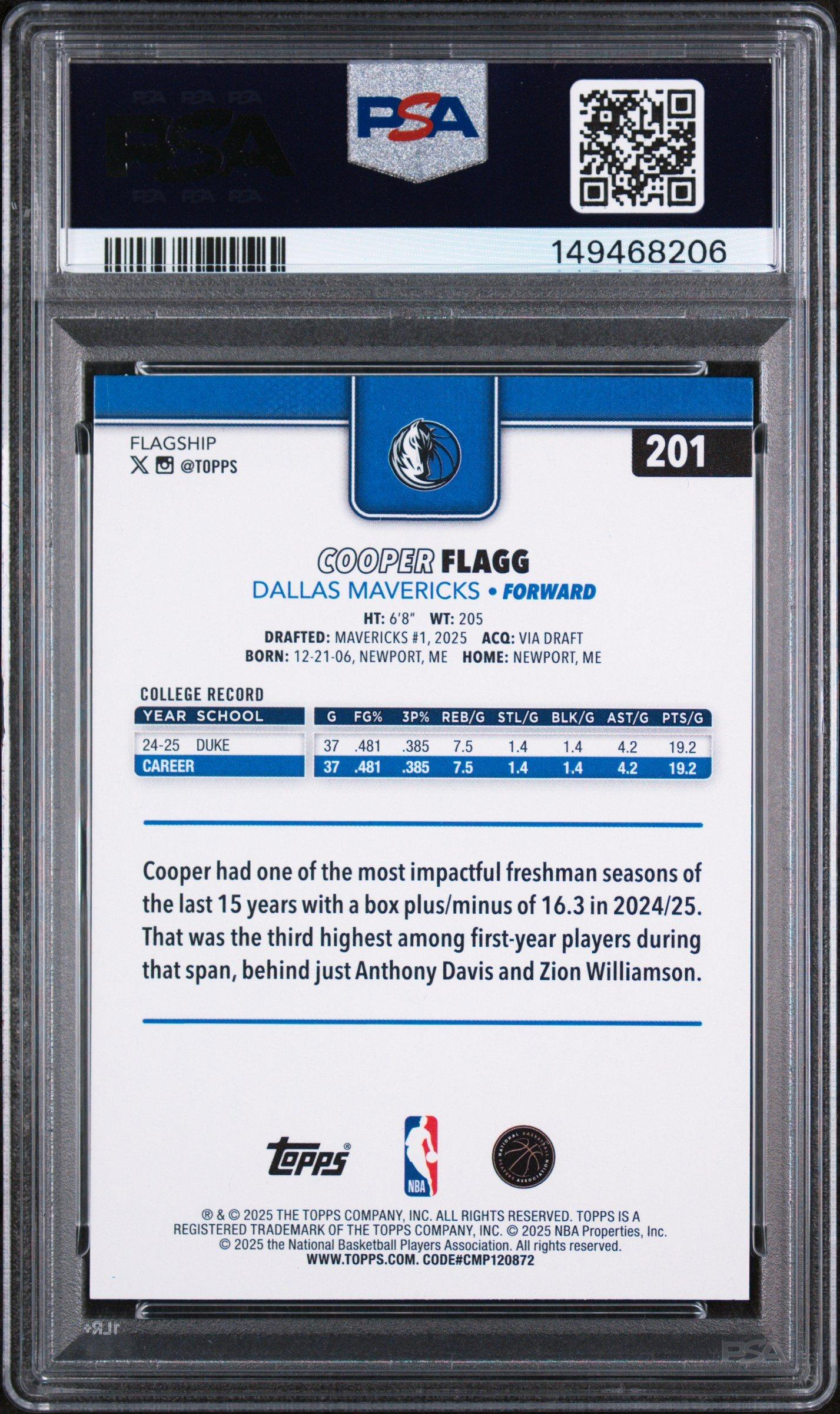 2025 Topps 201 Cooper Flagg PSA 10 Graded Card | GameStop