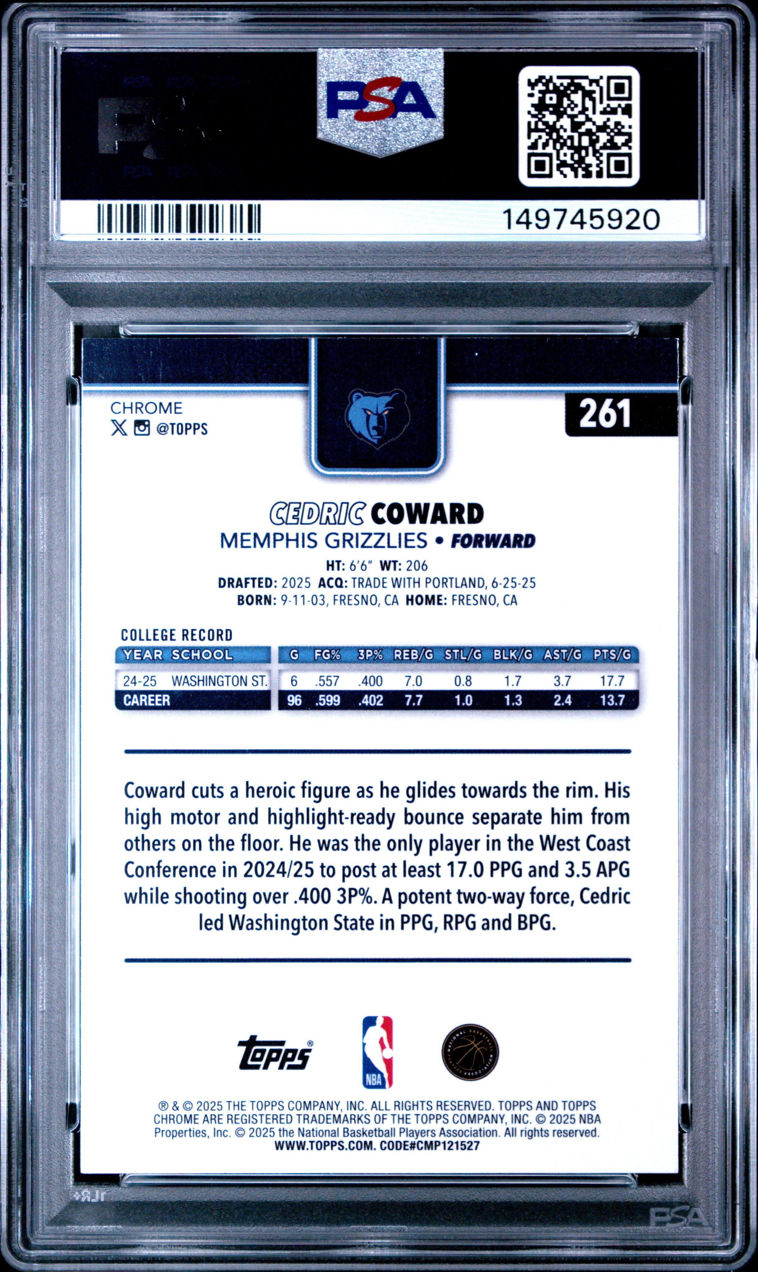 2025 Topps Chrome 261 Cedric Coward Image Variation PSA 9 Graded 