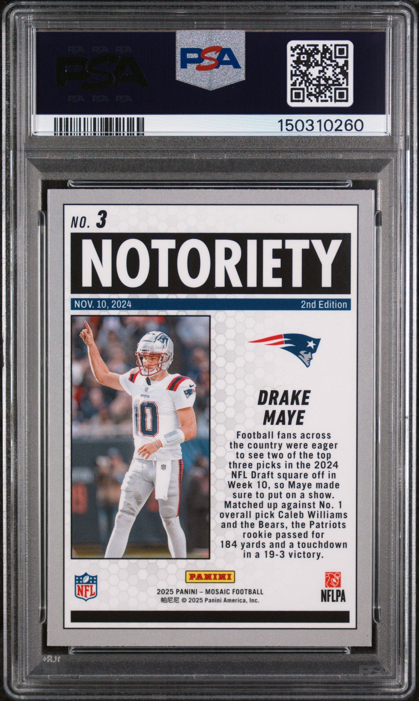 2025 Panini Mosaic Notoriety 3 Drake Maye Mosaic PSA 10 Graded