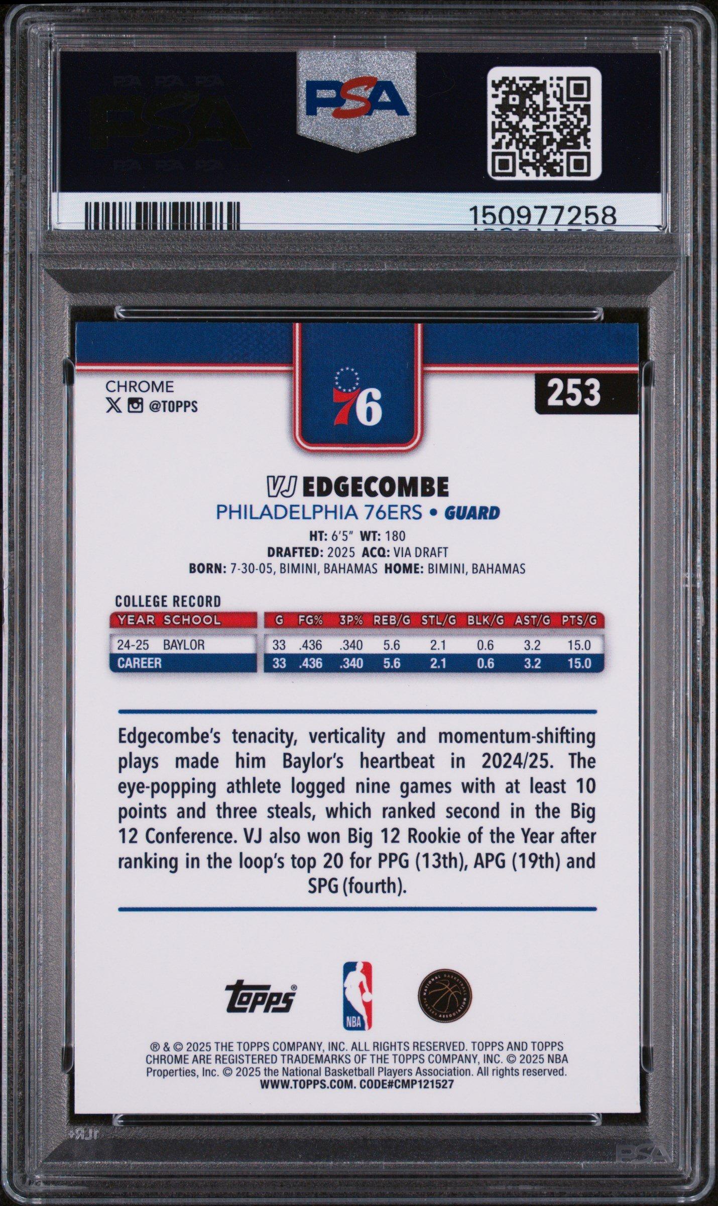 graded code card 2025 Topps Chrome 253 Vj Edgecombe Basketball Refractor PSA 9 Happy to announce we now