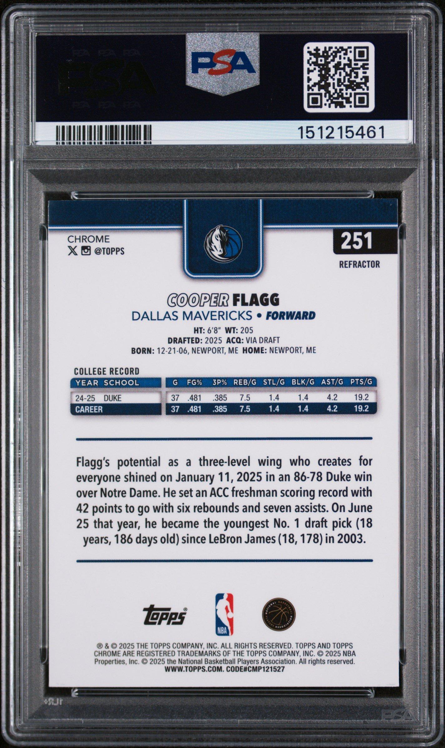2025 Topps Chrome 251 Cooper Flagg Refractor PSA 9 Graded Card