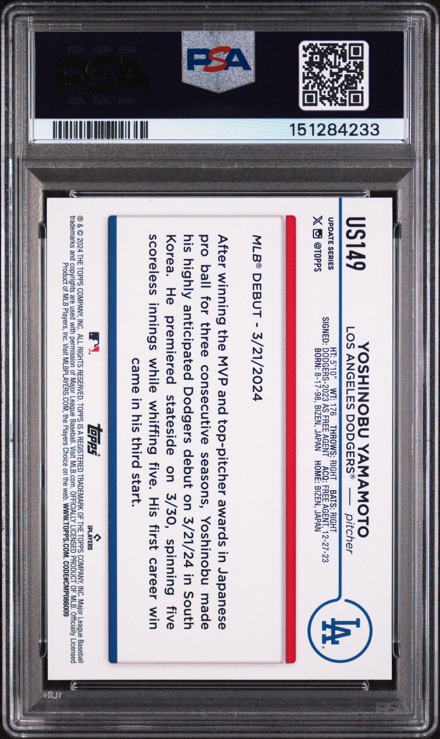 2024 Topps Update Us149 Yoshinobu Yamamoto Aqua PSA 9 Graded Card