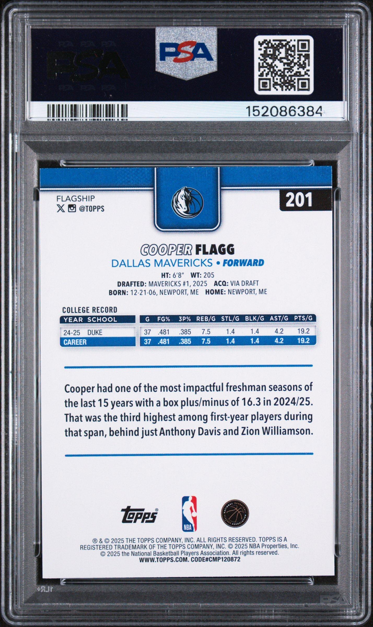 2025 Topps 201 Cooper Flagg PSA 9