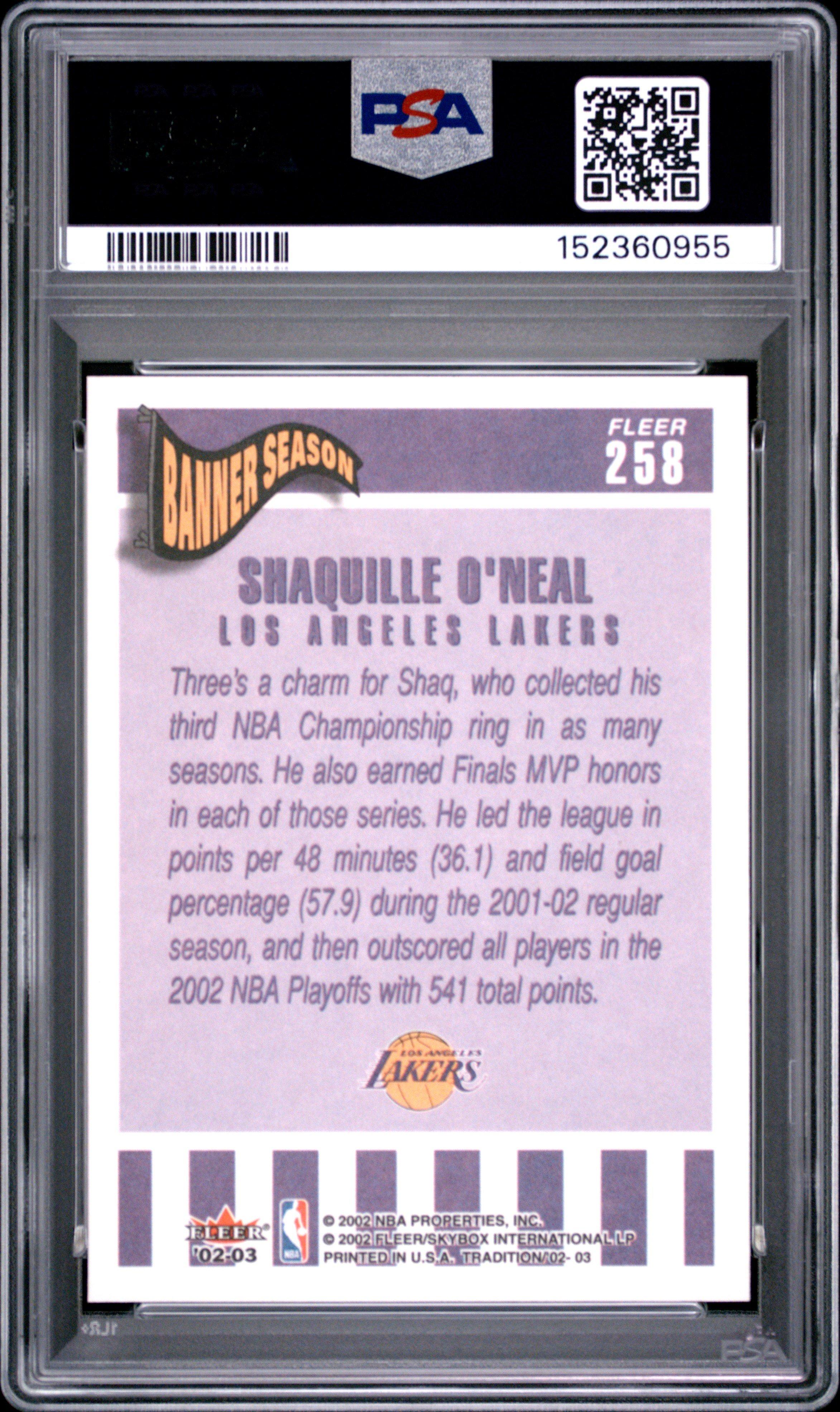 2002 Fleer Tradition 258 Shaquille O'neal PSA 10 Graded Card