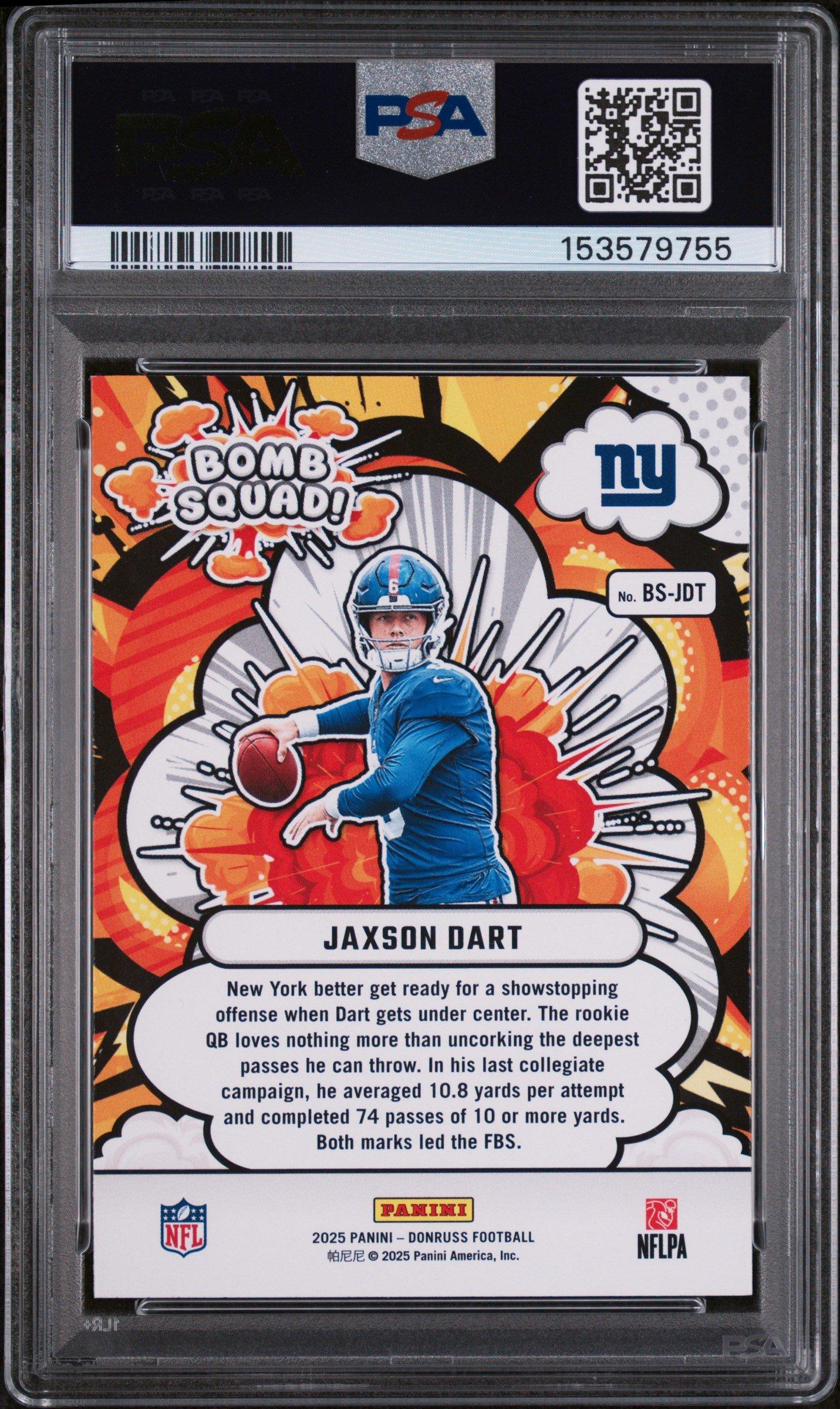 2025 Panini Donruss Bomb Squad Bs-jdt Jaxson Dart PSA 9 Graded