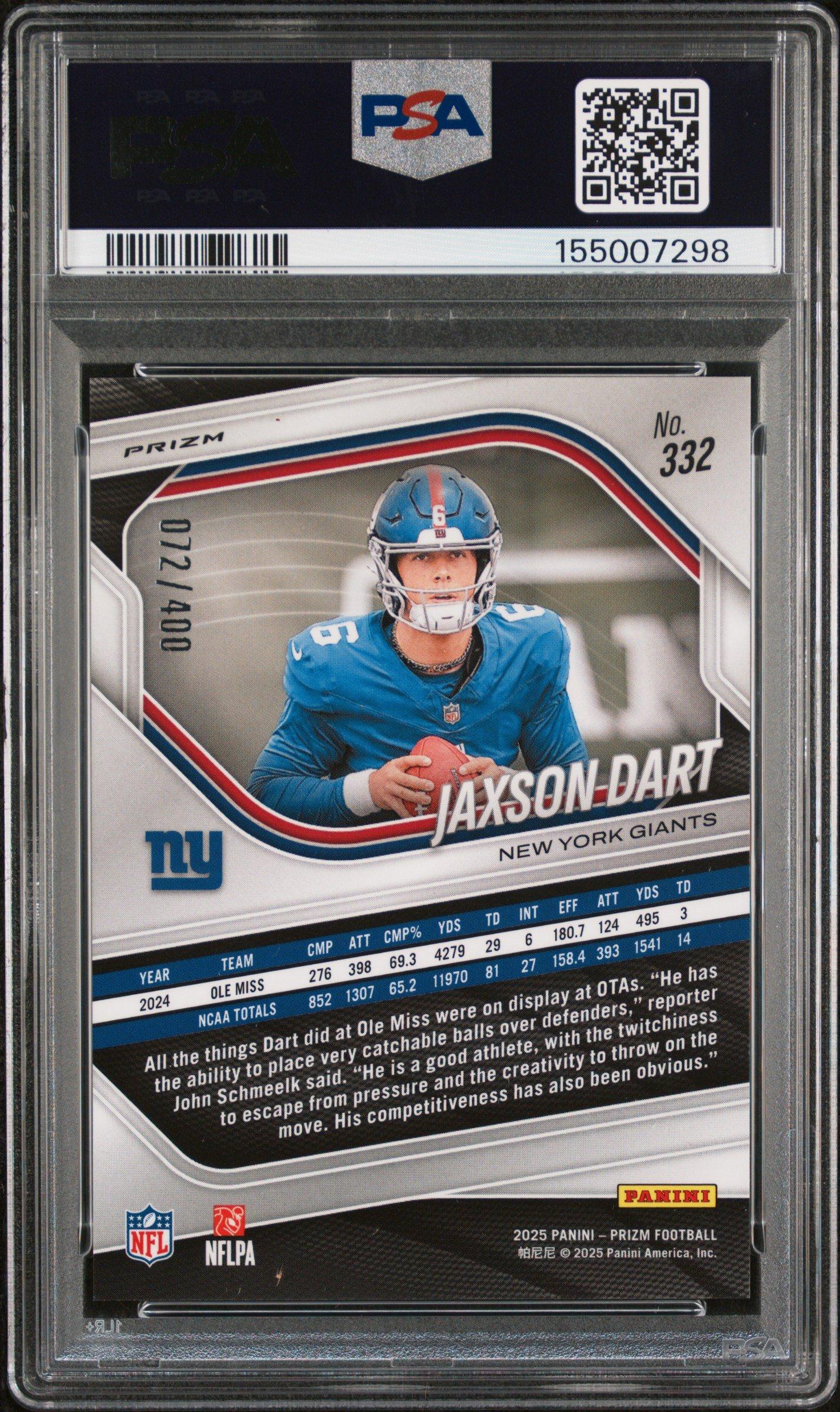 2025 Panini Prizm 332 Jaxson Dart Pandora PSA 10 Graded Card
