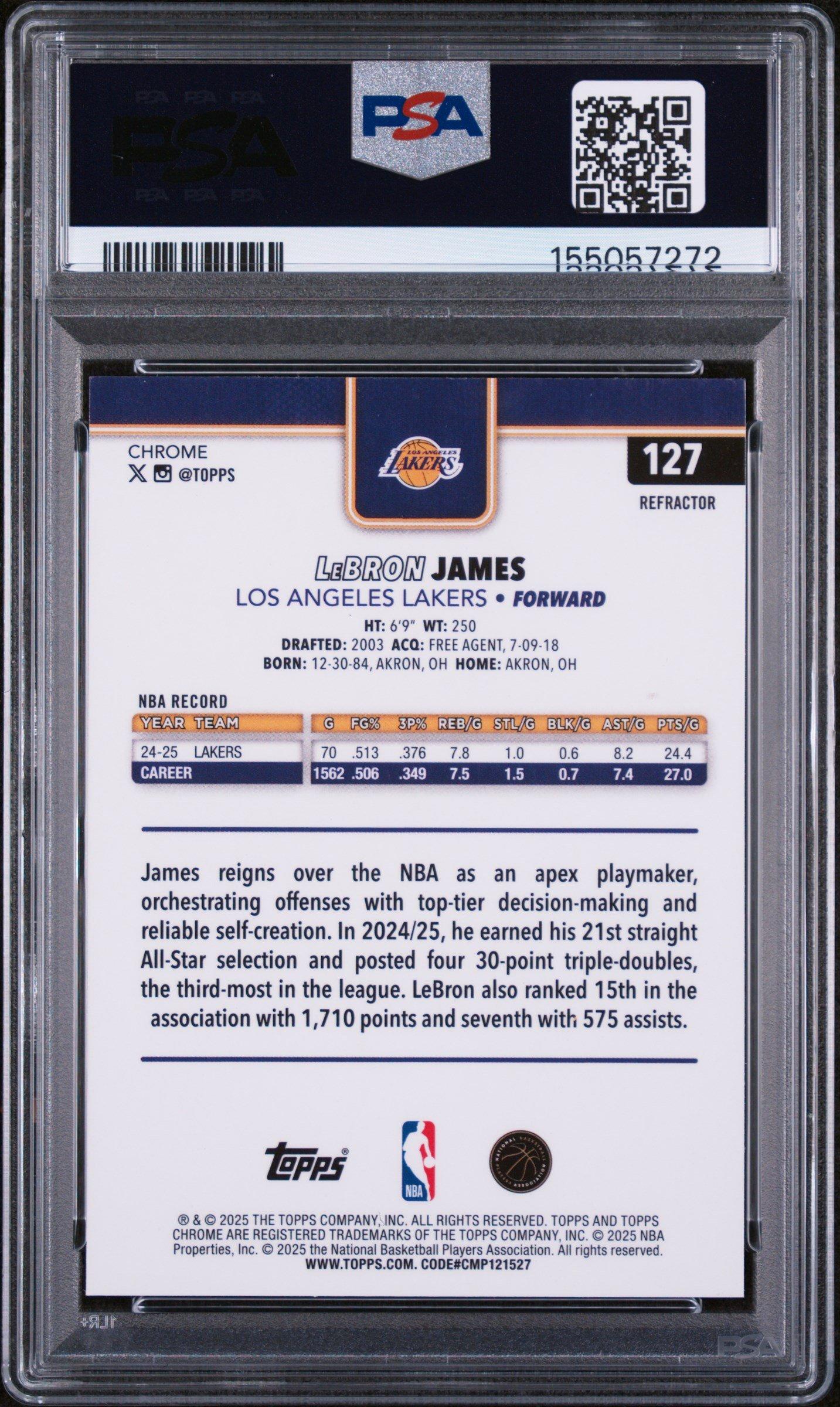 2025 Topps Chrome 127 Lebron James Refractor PSA 8 Graded Card