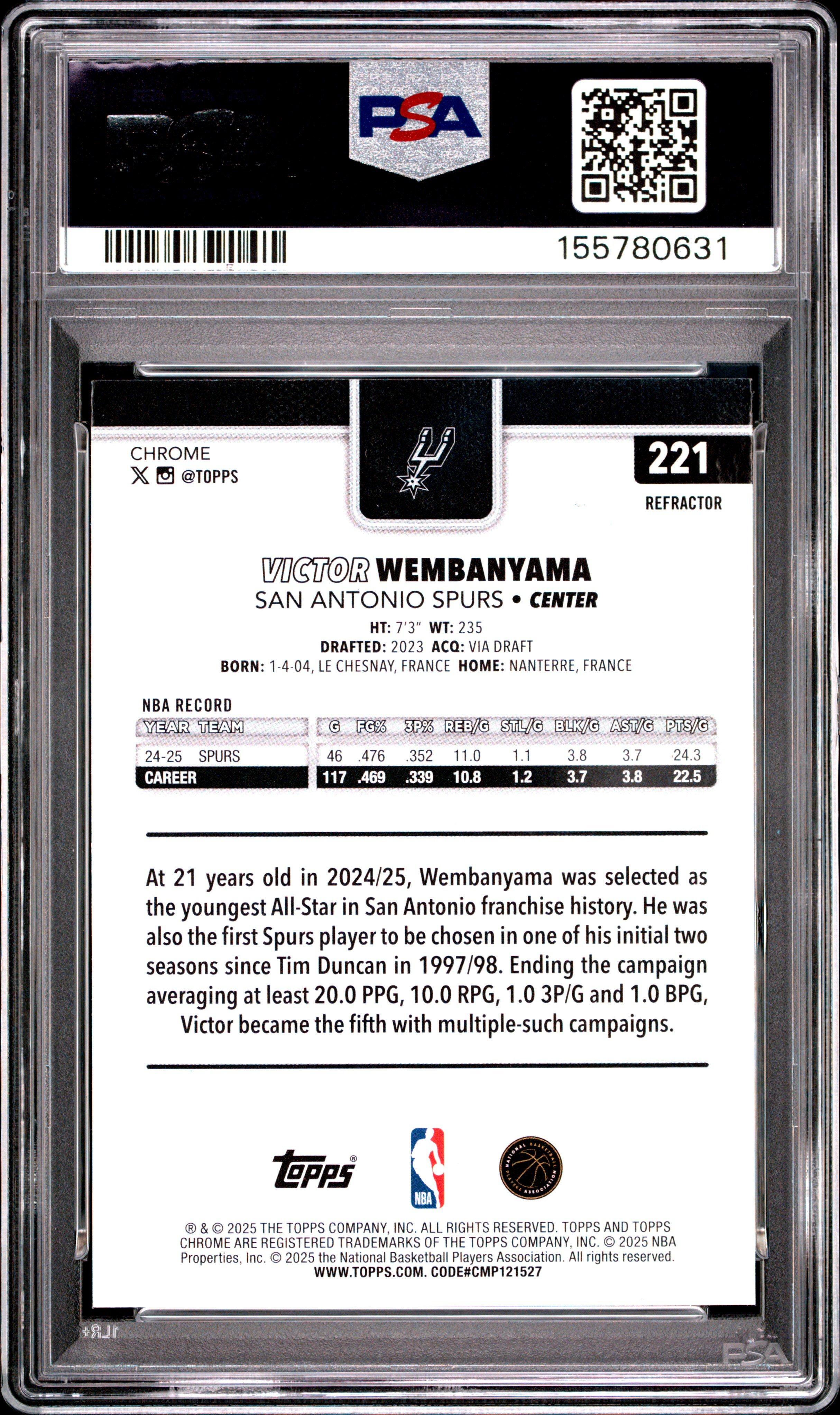 2025 Topps Chrome 221 Victor Wembanyama Refractor PSA 10 Graded 