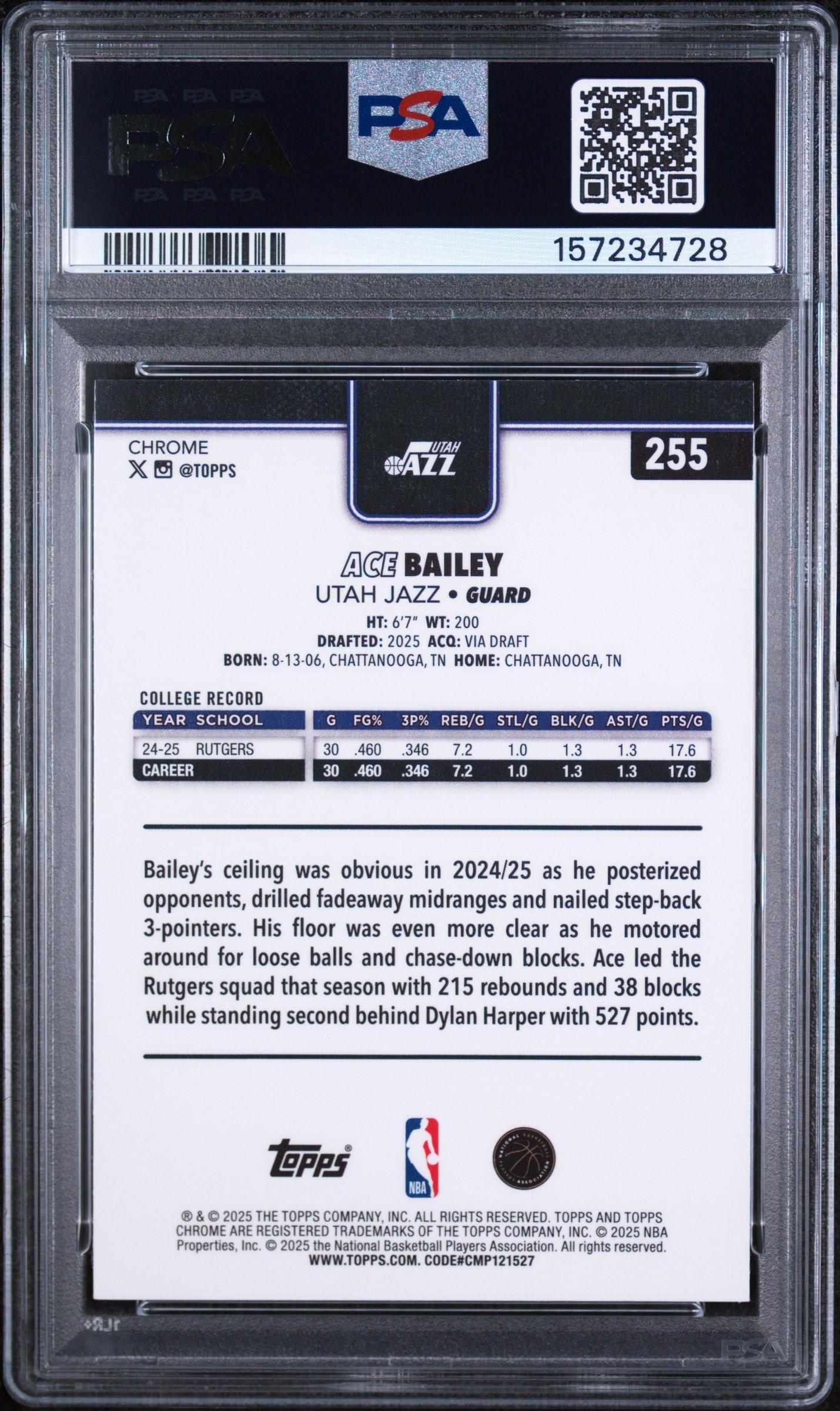 2025 Topps Chrome 255 Ace Bailey X-fractor PSA 9 Graded Card
