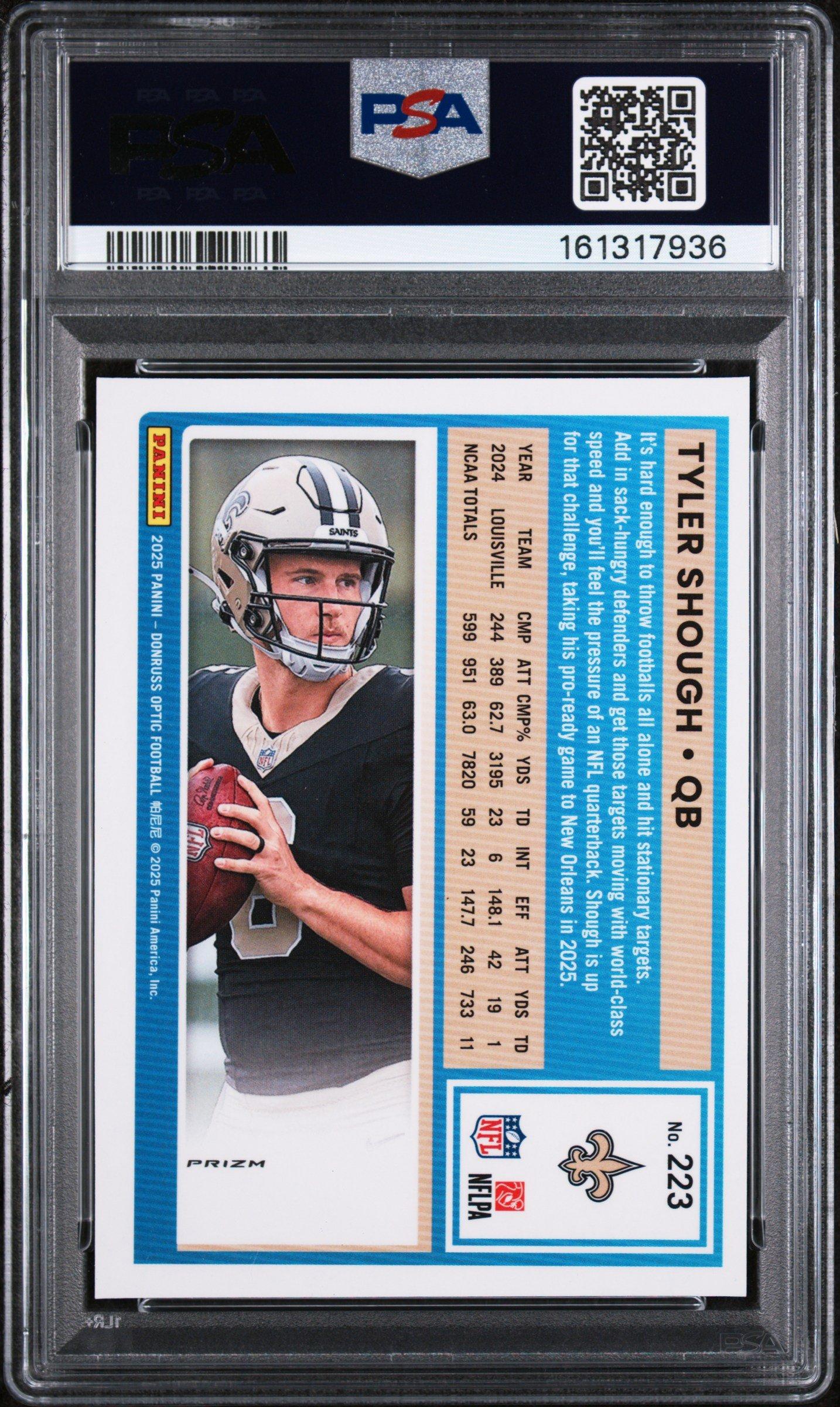2025 Panini Donruss Optic 223 Tyler Shough Purple Shock PSA 8