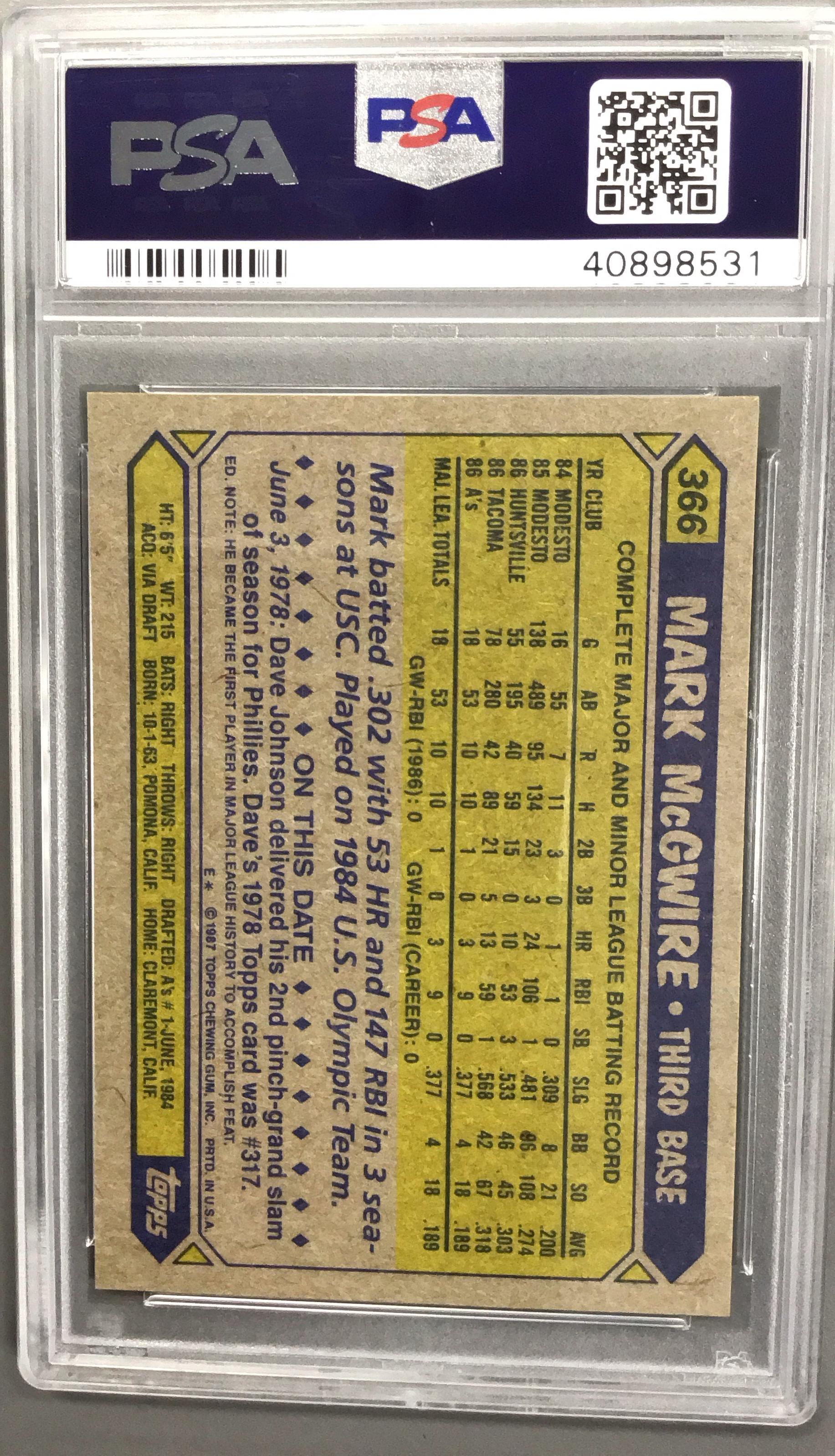 1987 Topps 366 Mark Mcgwire PSA