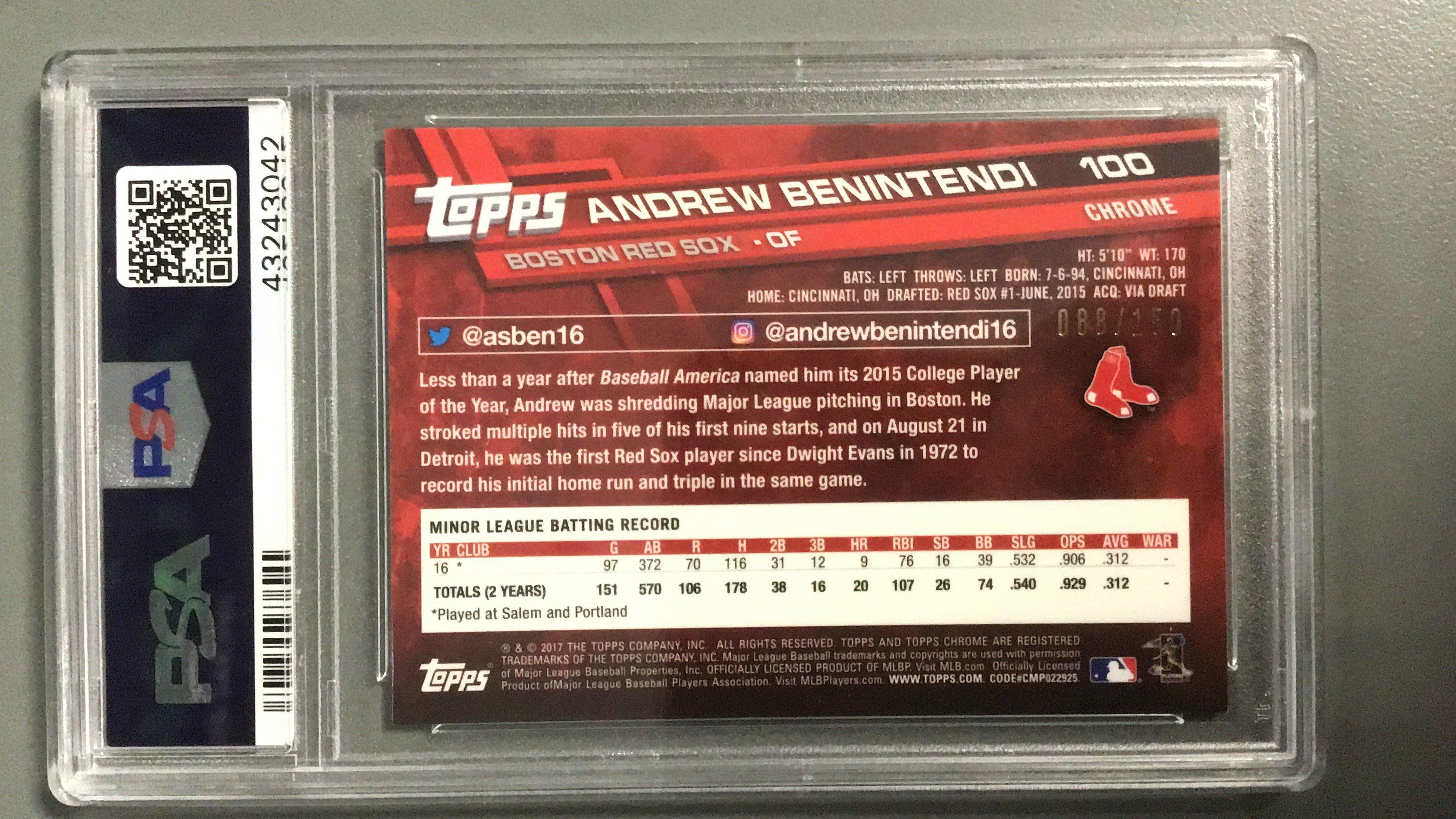 2017 Topps Chrome 100 Andrew Benintendi White Jersey-blue Refractor PSA 9