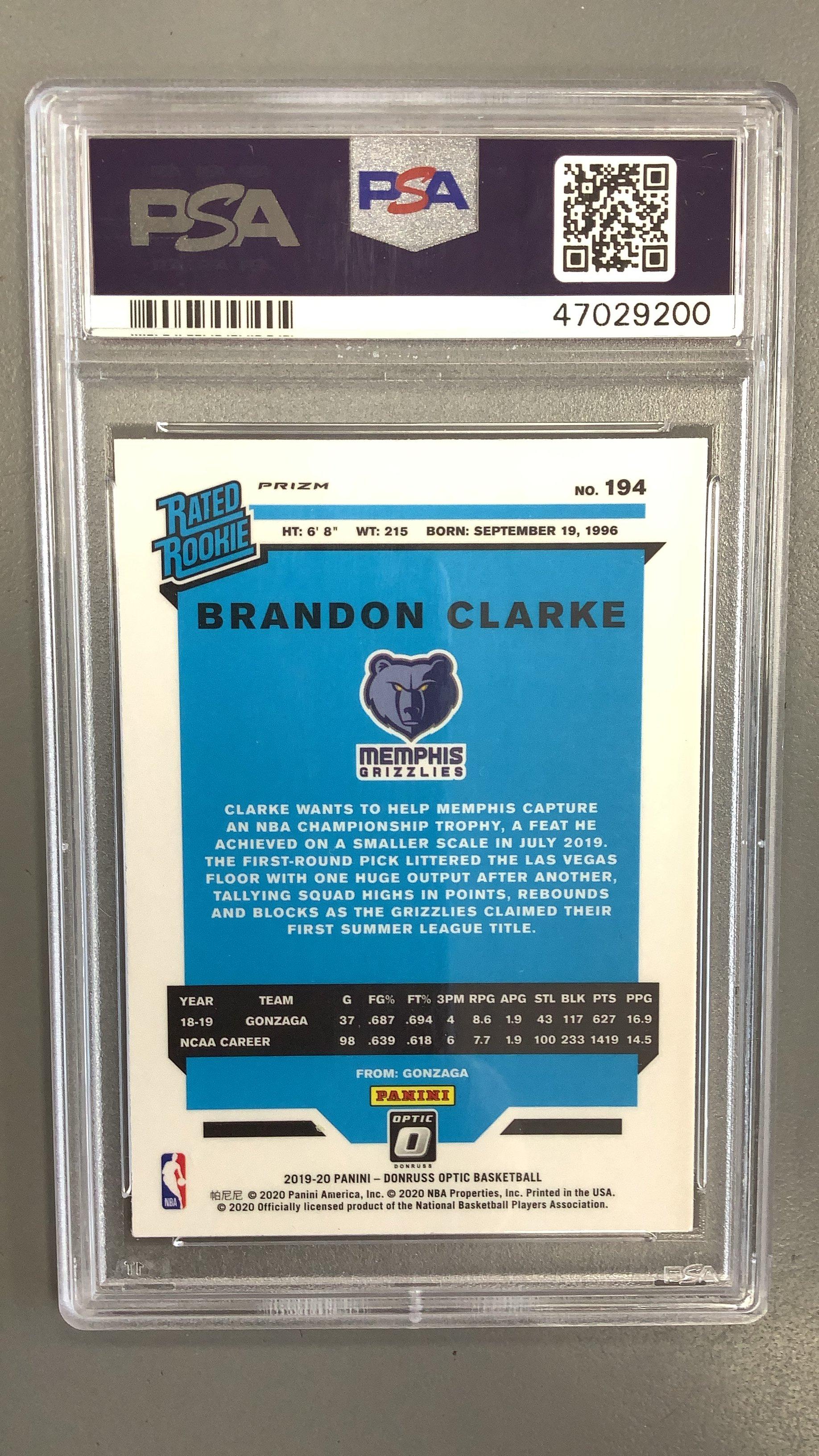 2019 Panini Donruss Optic 194 Brandon Clarke Purple Shock PSA 10