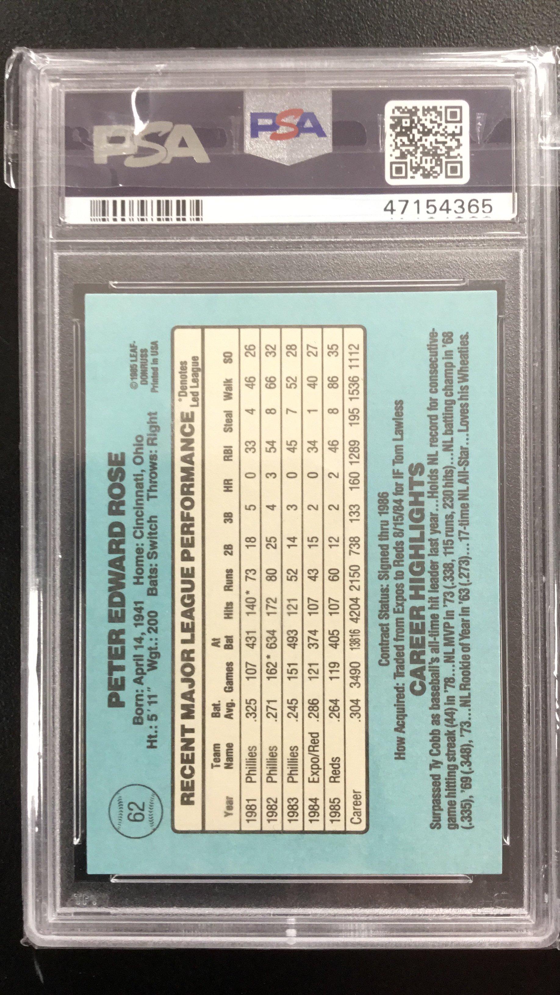 1986 Donruss 62 Pete Rose PSA 10