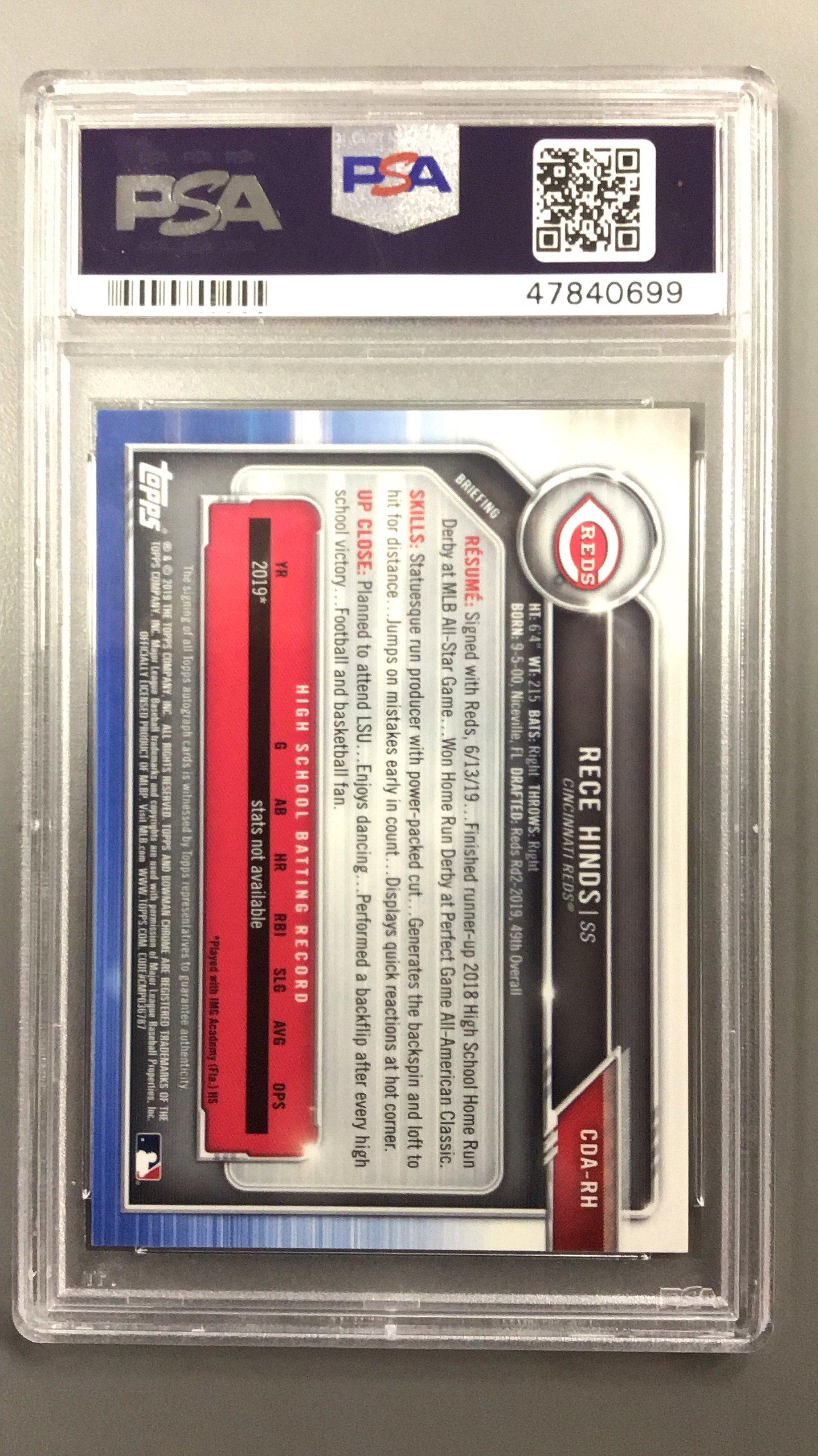 2019 Bowman Draft Chrome Draft Picks Autograph Cdarh Rece Hinds Blue Wave Refractor PSA 9