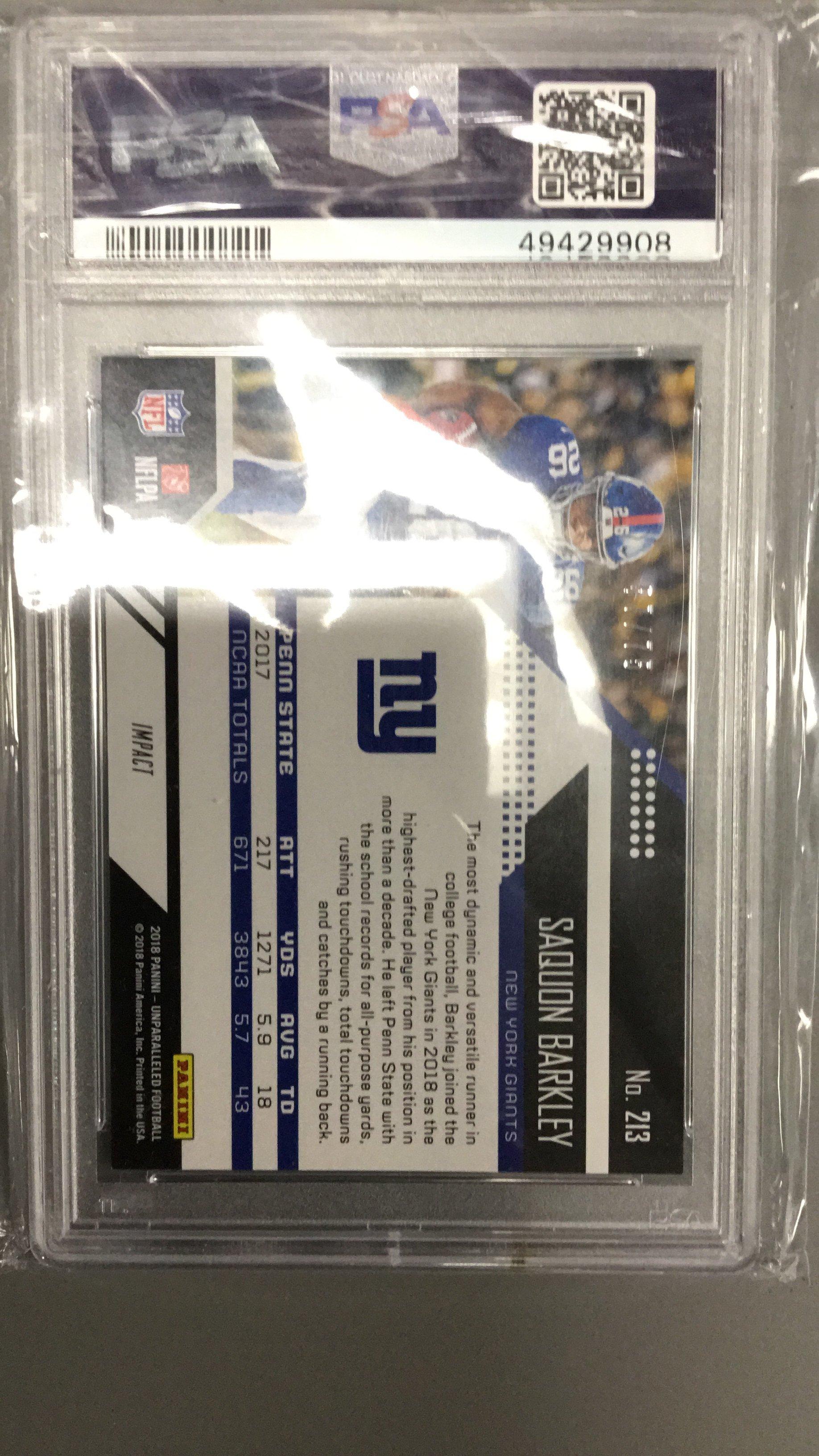 2018 Panini Unparalleled 213 Saquon Barkley Impact PSA 9