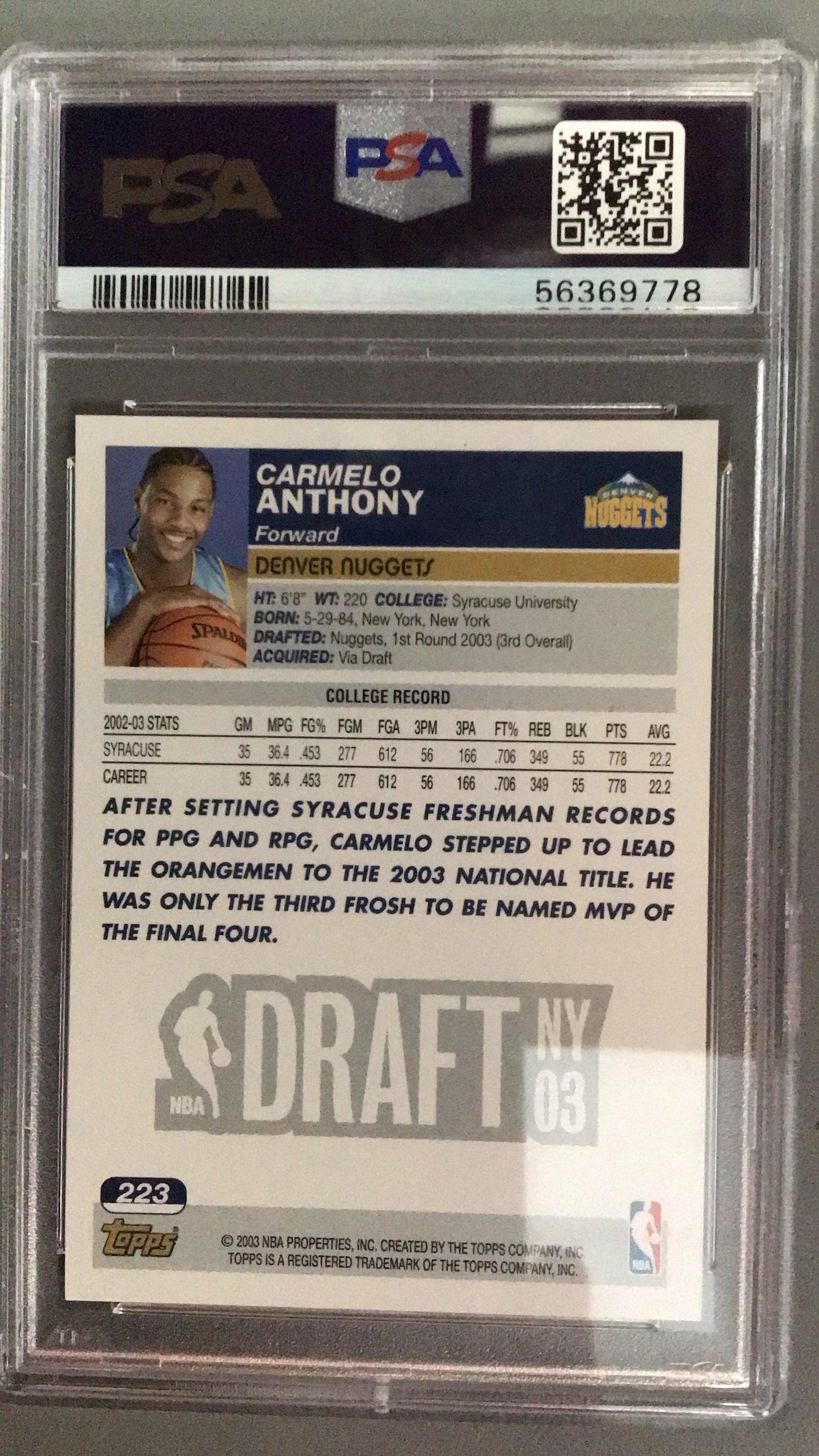 2003 Topps 223 Carmelo Anthony Collection PSA 10