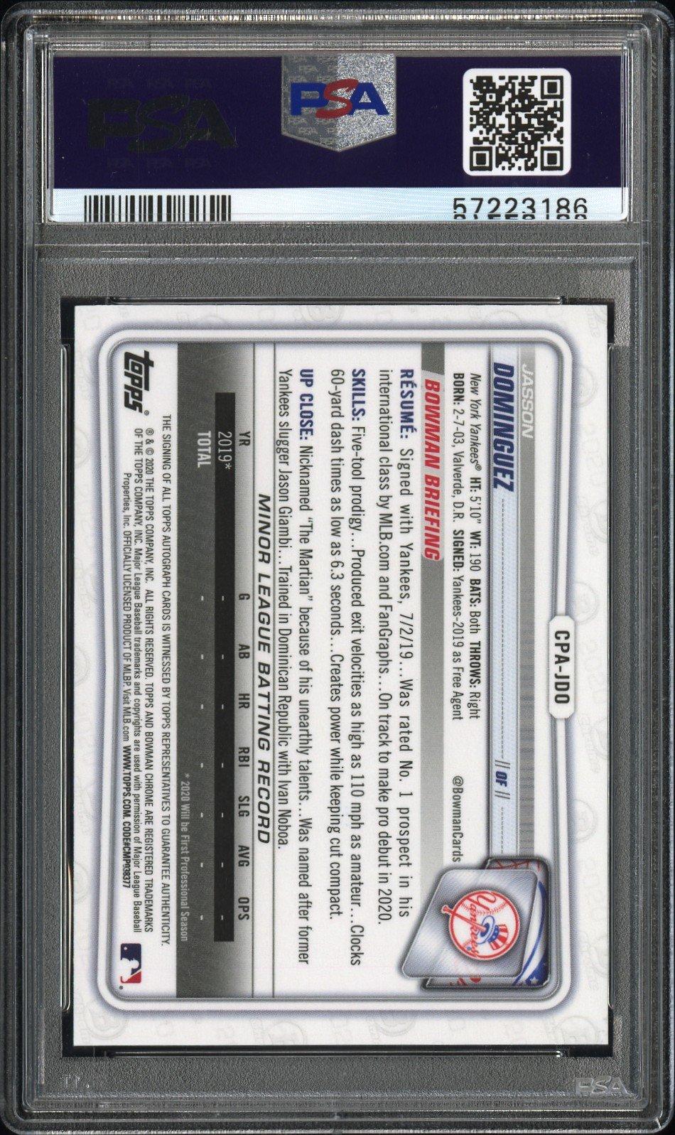 2020 Bowman Chrome Prospect Autographs Cpajdo Jasson Dominguez Speckle Refractor PSA 10
