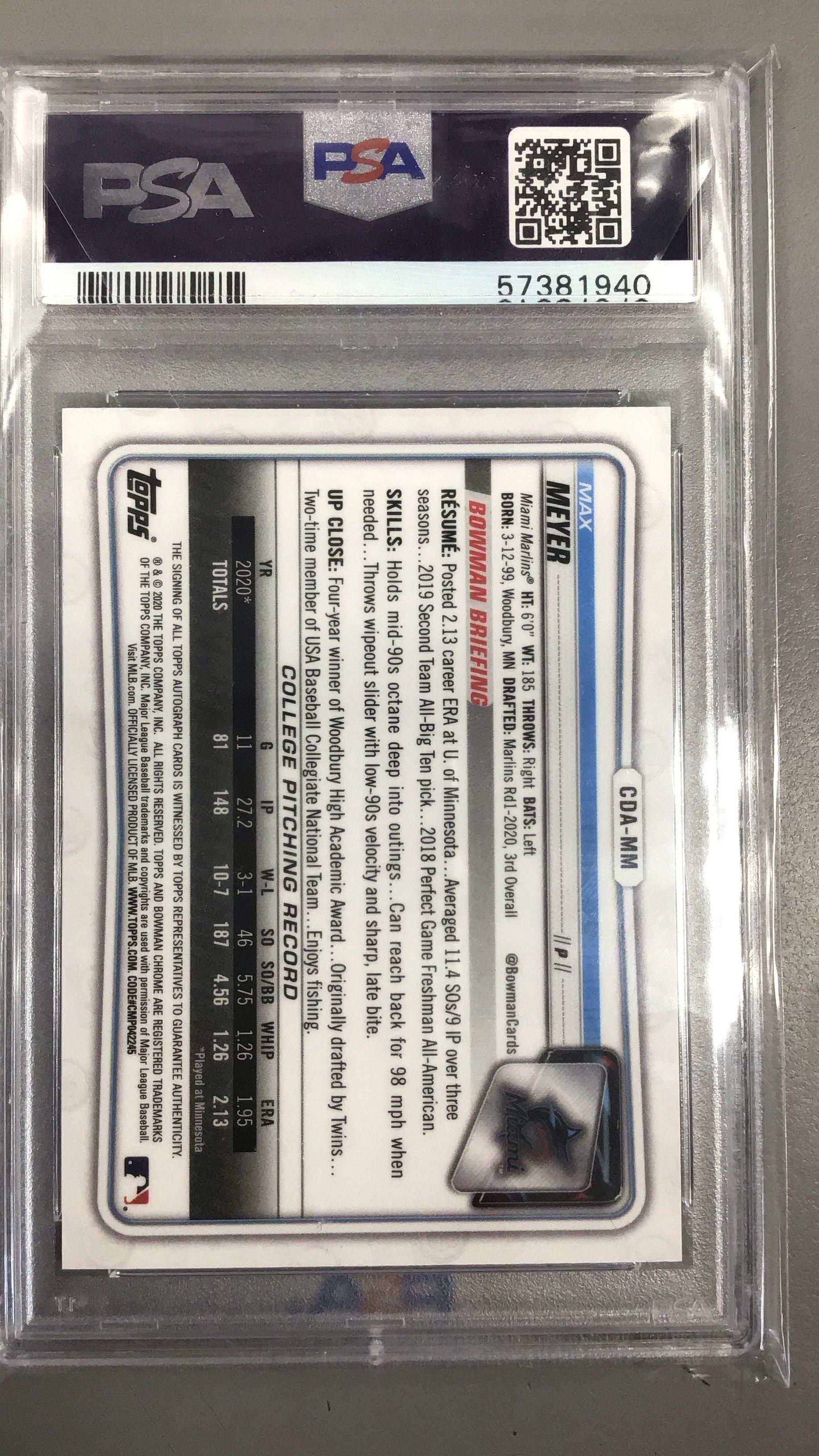 2020 Bowman Draft Chrome Draft Picks Autographs Cdamm Max Meyer Blue Refractor PSA 9