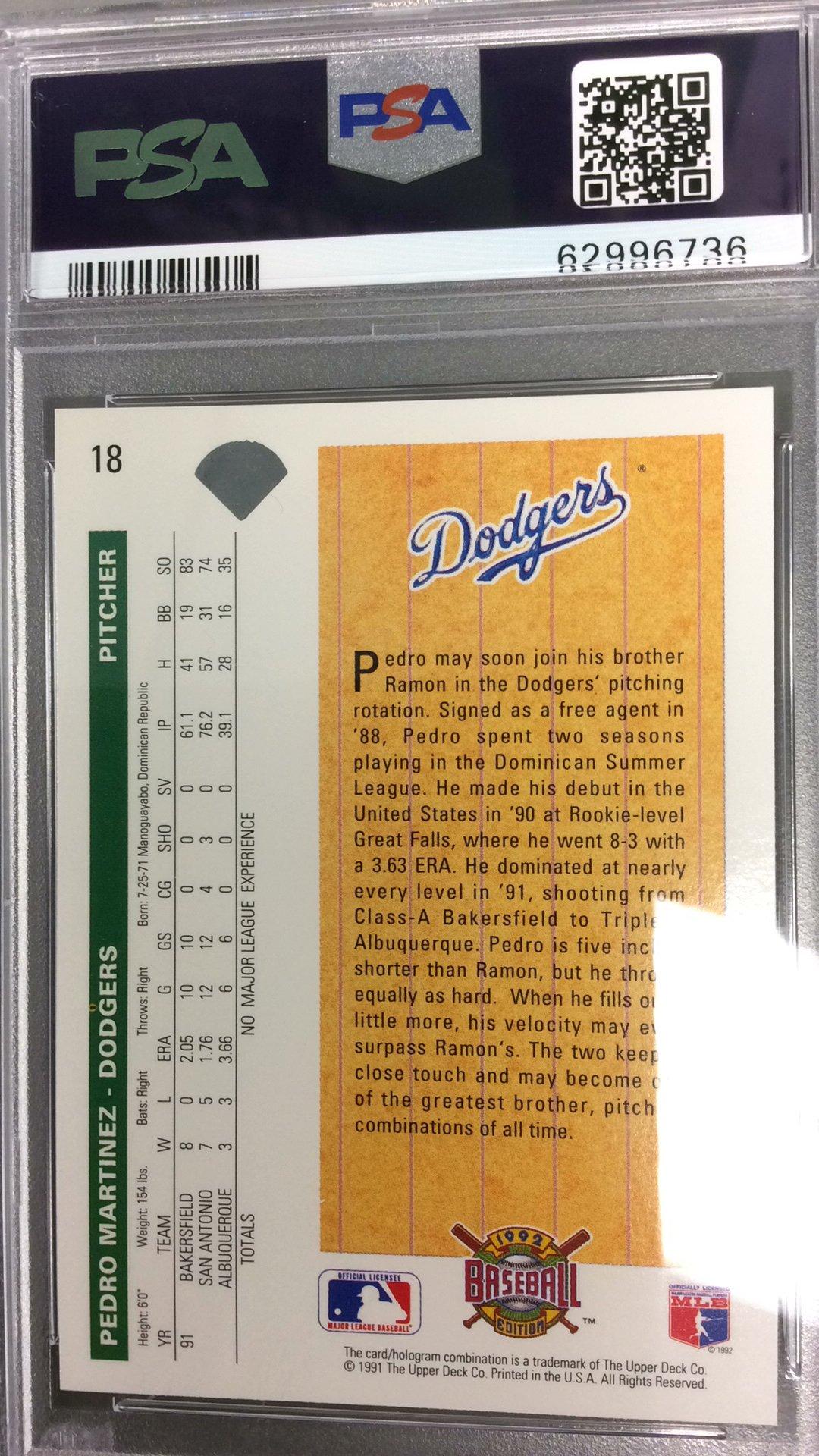 1992 Upper Deck 18 Pedro Martinez Star Rookie PSA 9