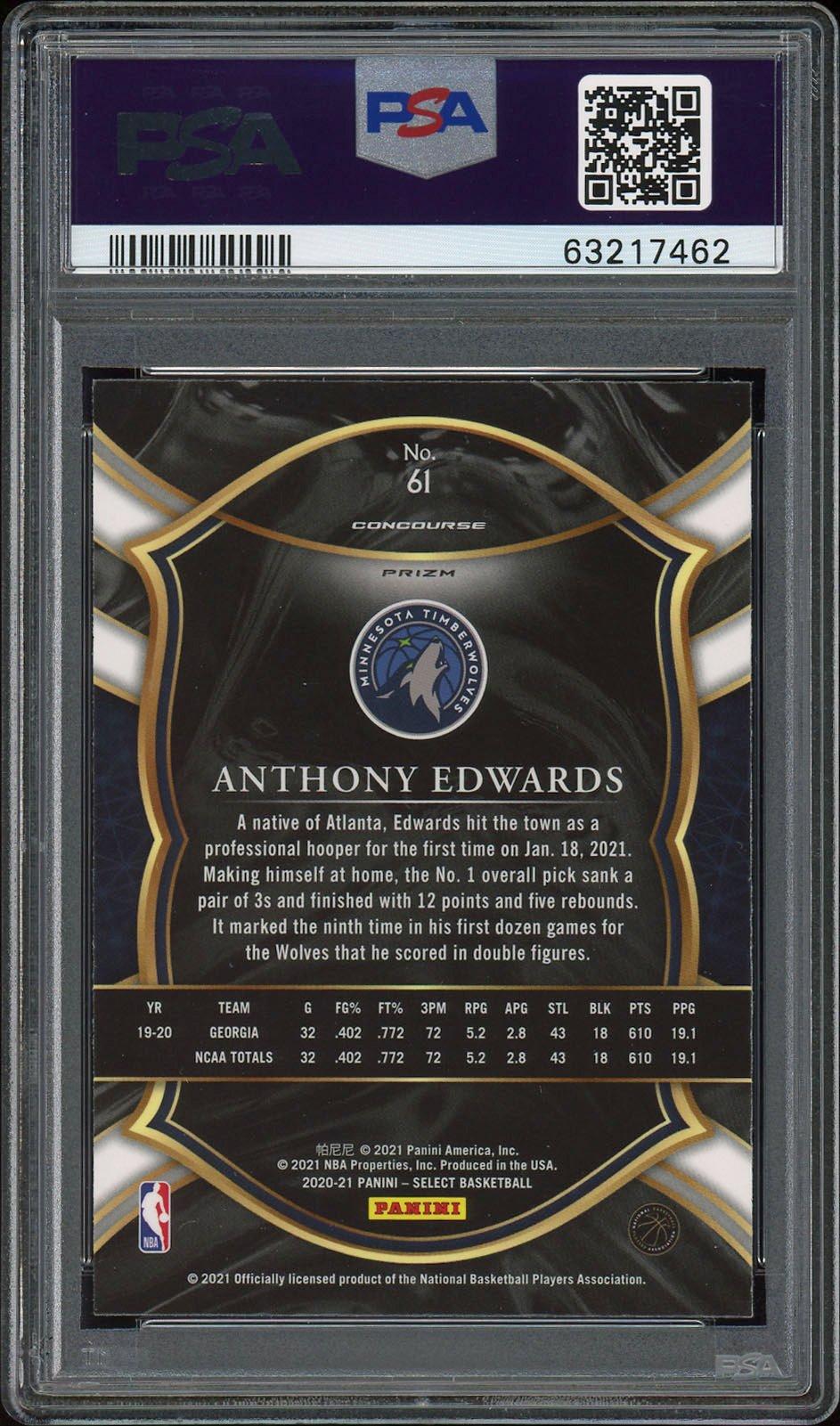 2020 Panini Select 61 Anthony Edwards Silver Prizm PSA 10
