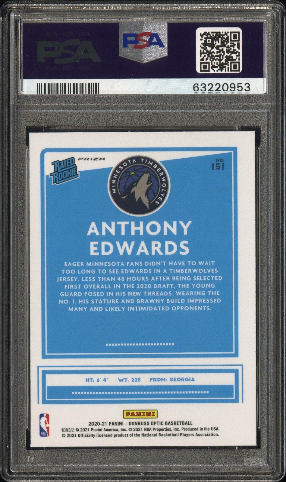2020 Panini Donruss Optic 151 Anthony Edwards Holo PSA 9
