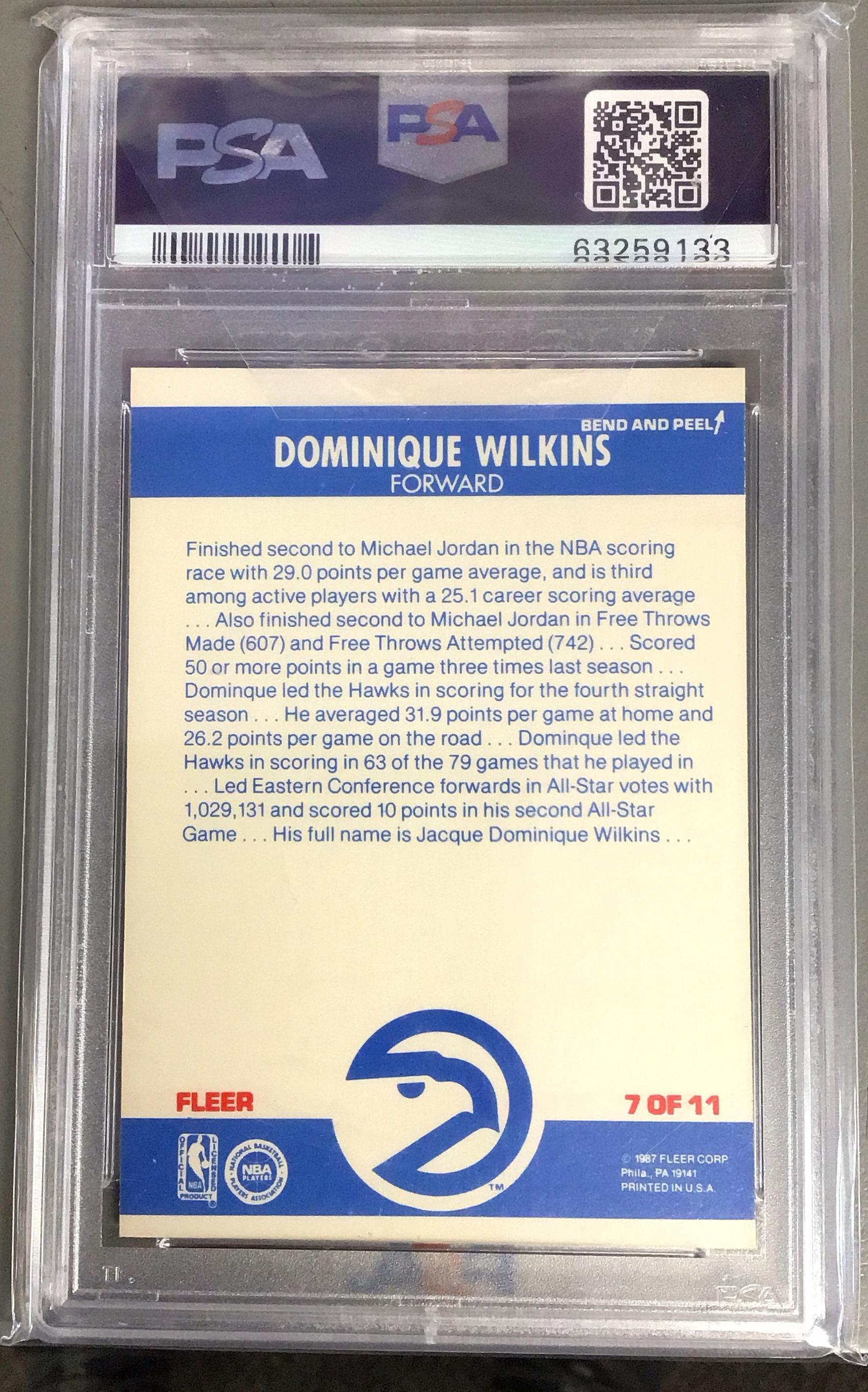 1987 Fleer Sticker 7 Dominique Wilkins PSA 8