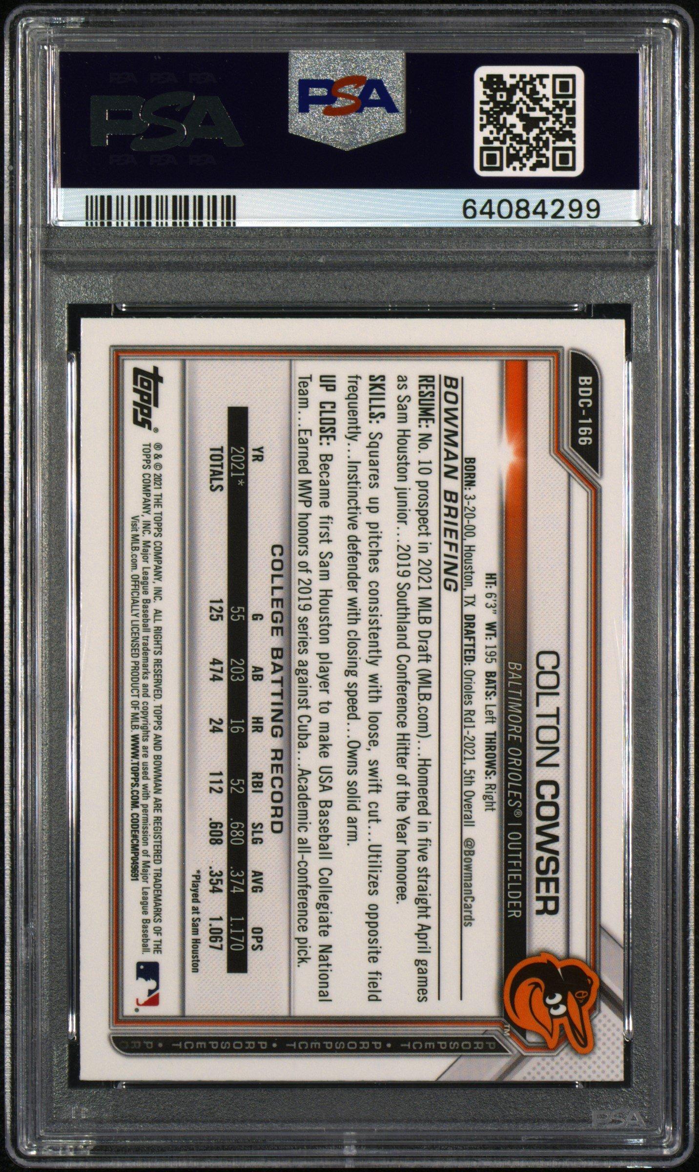 2021 Bowman Draft Chrome Sapphire Edition Bdc166 Colton Cowser PSA 10