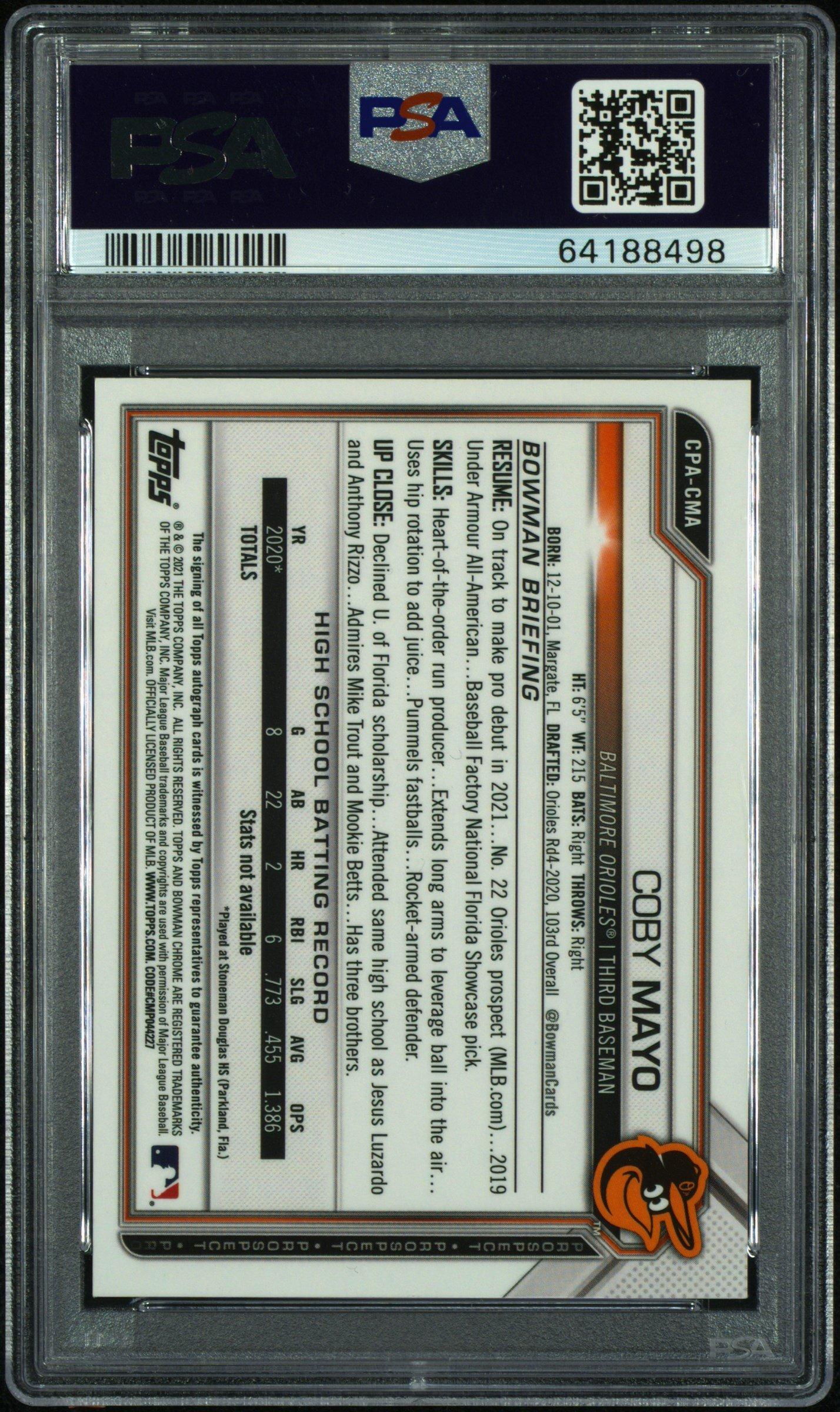 2021 Bowman Chrome Prospect Autographs Cpacma Coby Mayo Gold Shimmer Refractor PSA 9